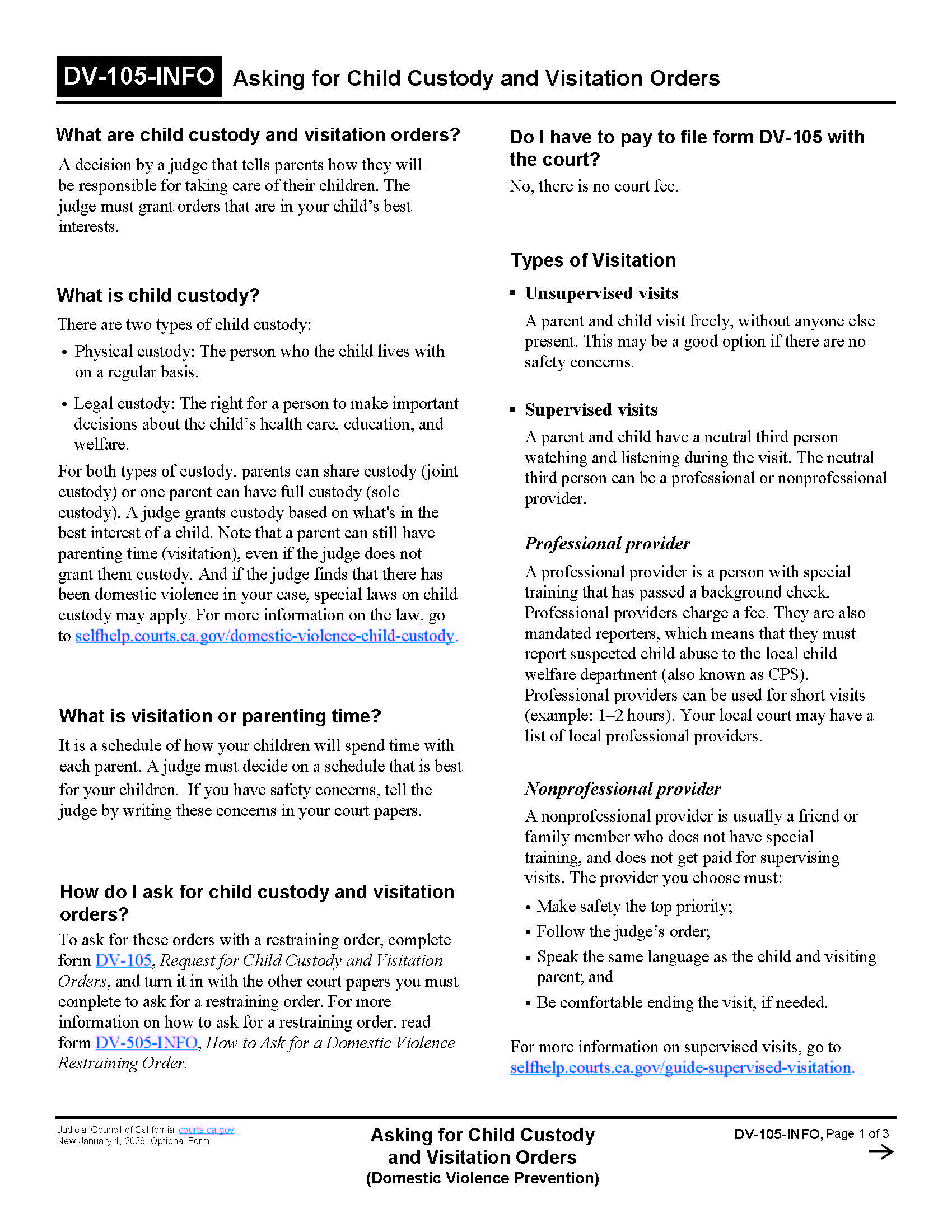 Asking For Child Custody And Visitation Orders (Domestic Violence Prevention) {DV-105-INFO} | Pdf Fpdf Docx | California