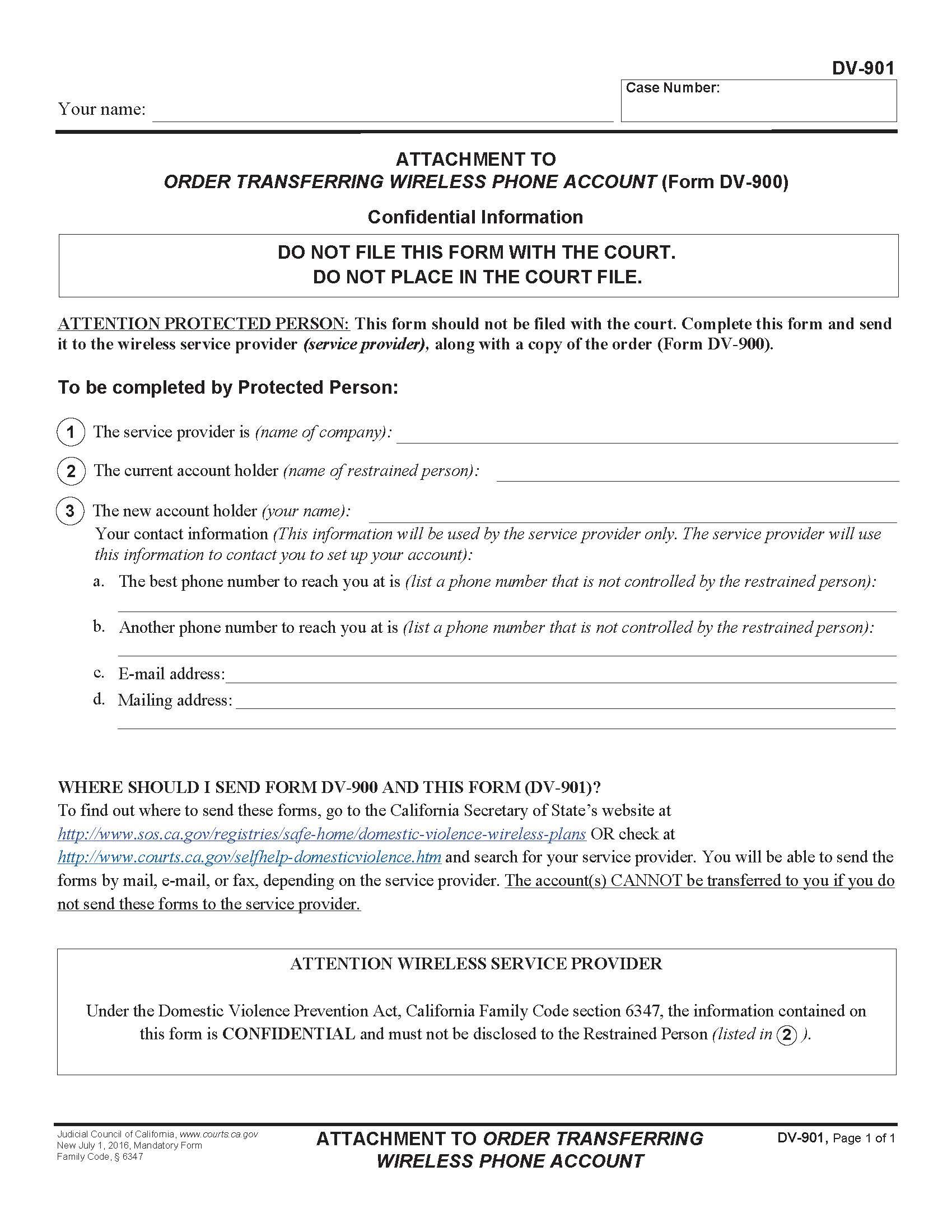 Attachment To Order Transferring Wireless Phone Account {DV-901} | Pdf Fpdf Doc Docx | California