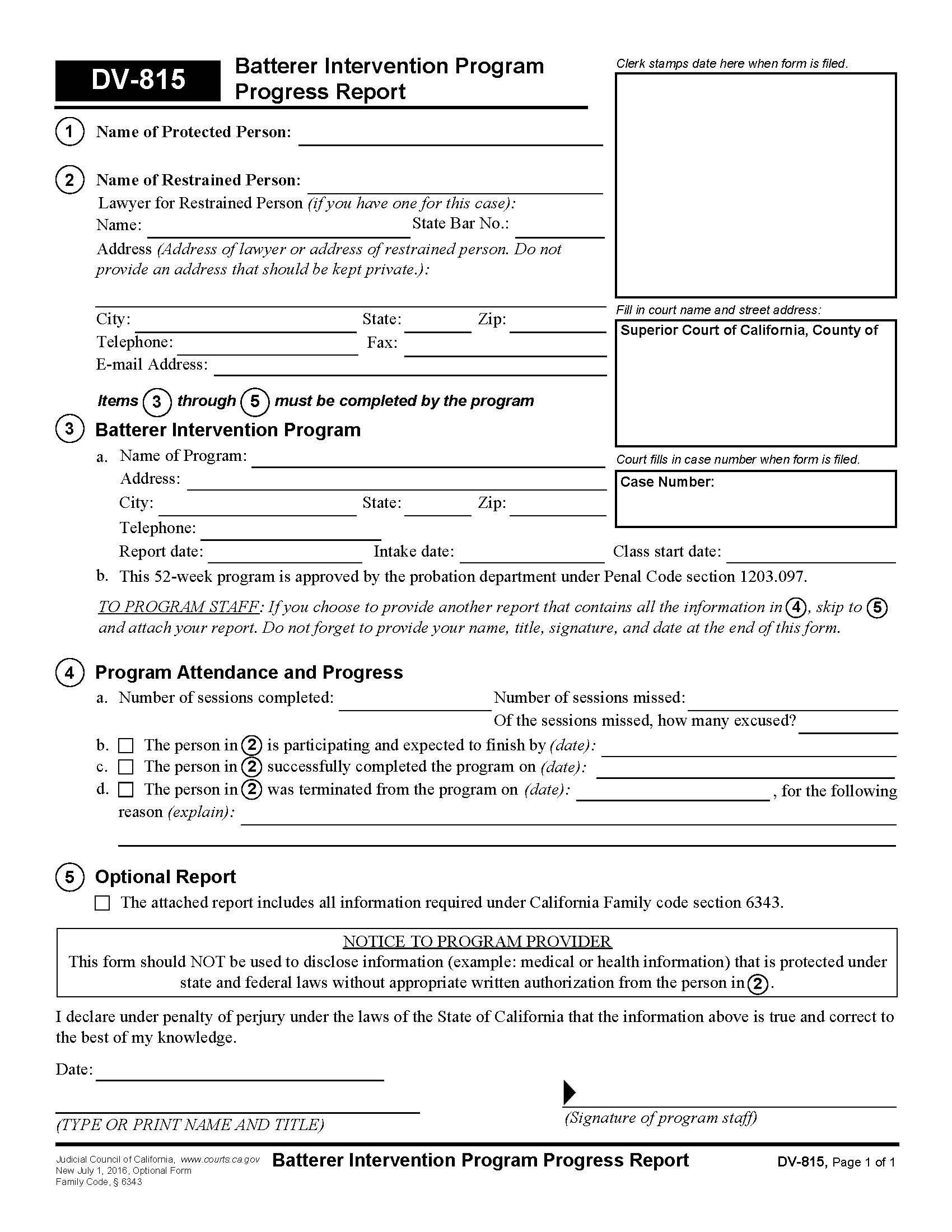 Batterer Intervention Program Progress Report {DV-815} | Pdf Fpdf Doc Docx | California