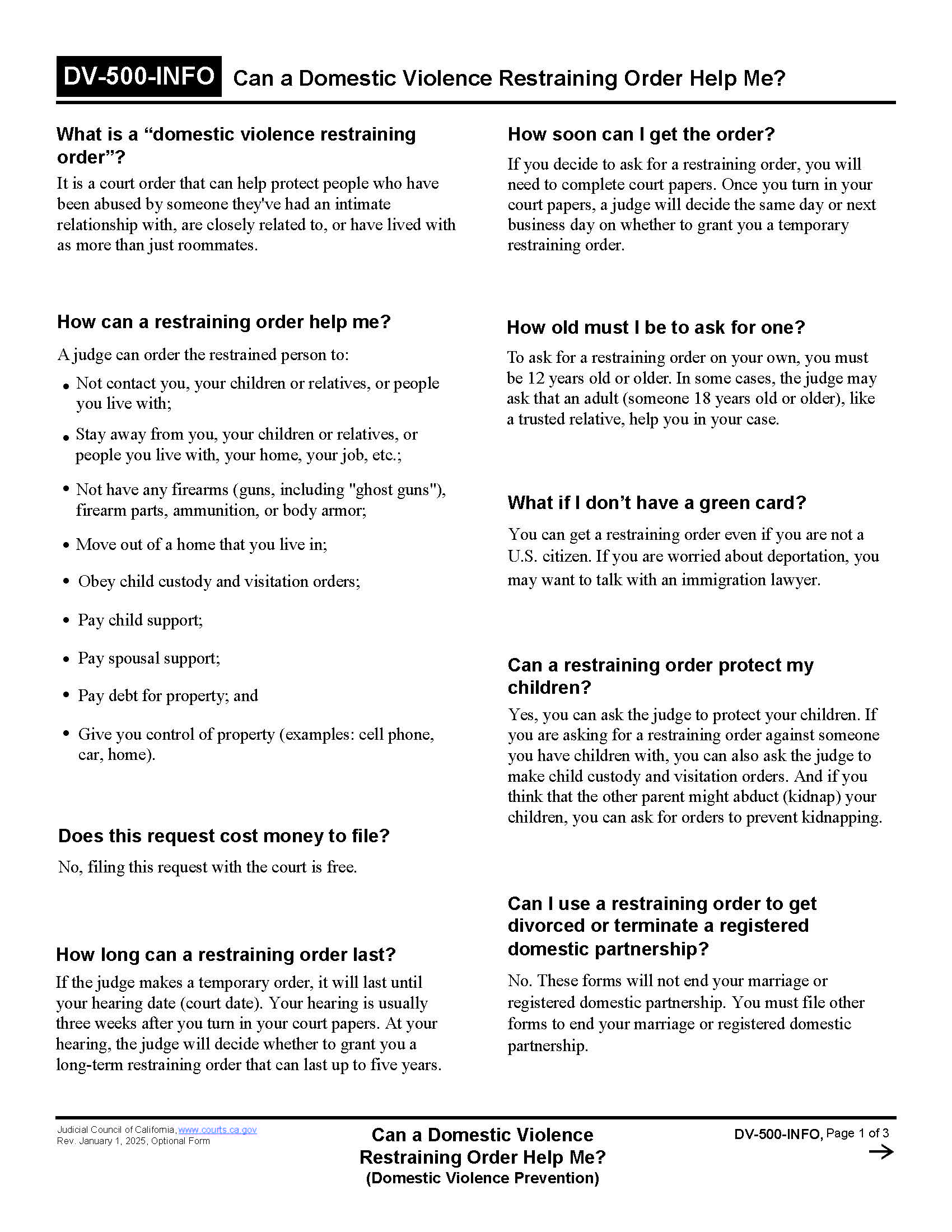 Can A Domestic Violence Restraining Order Help Me {DV-500-INFO} | Pdf Fpdf Doc Docx | California