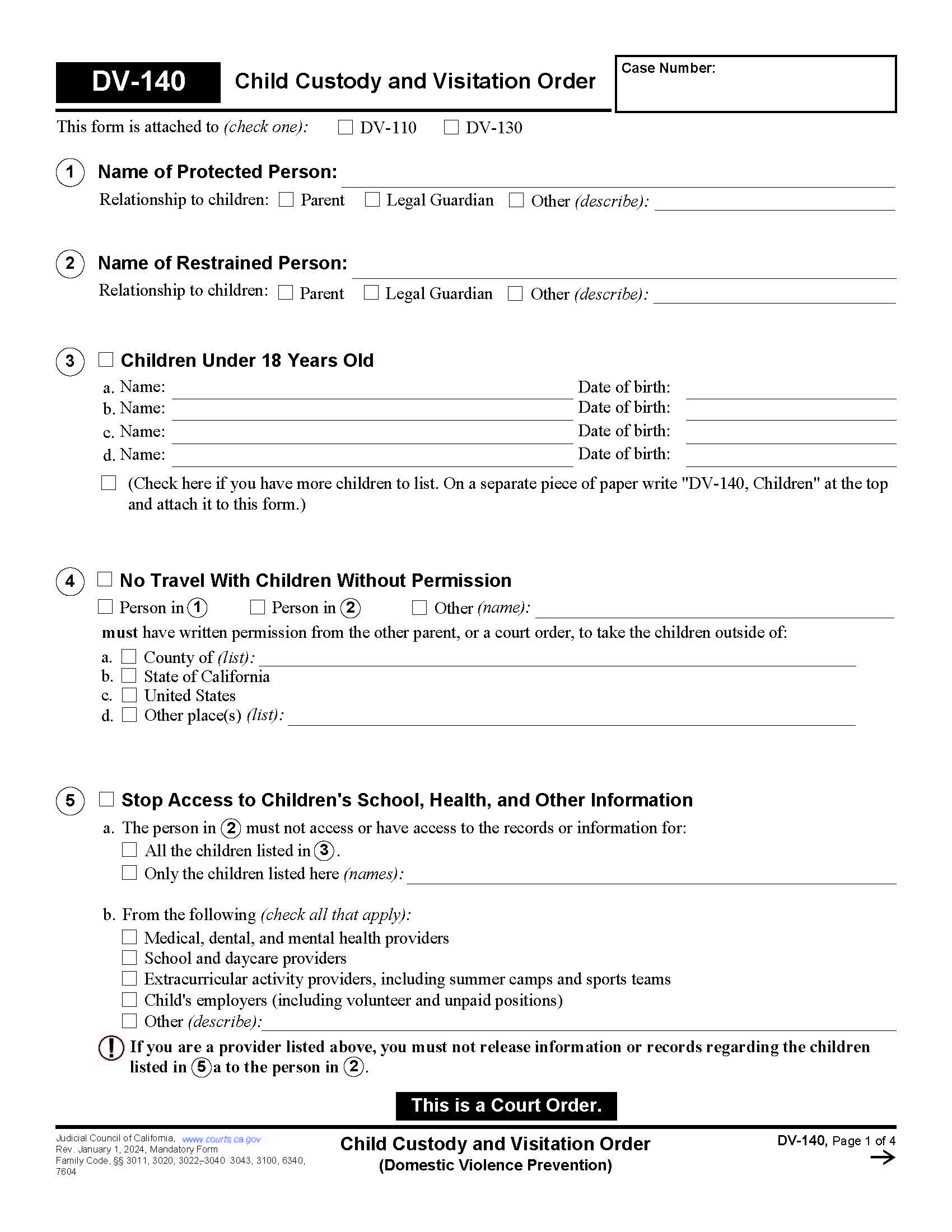 Child Custody And Visitation Order {DV-140} | Pdf Fpdf Doc Docx | California