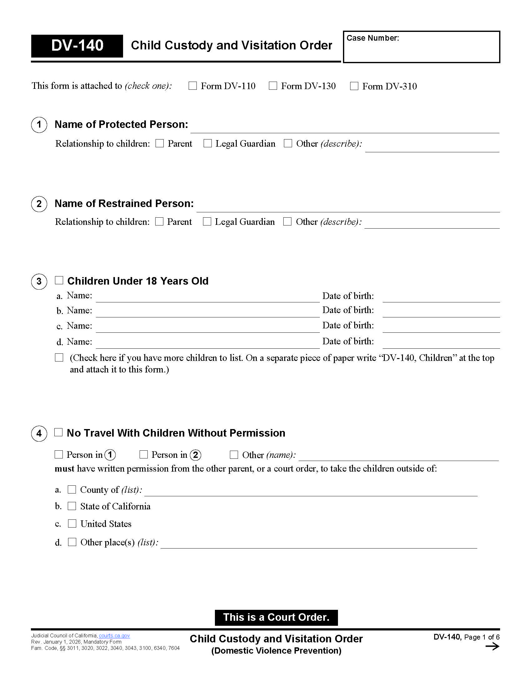 Child Custody And Visitation Order {DV-140} | Pdf Fpdf Doc Docx | California