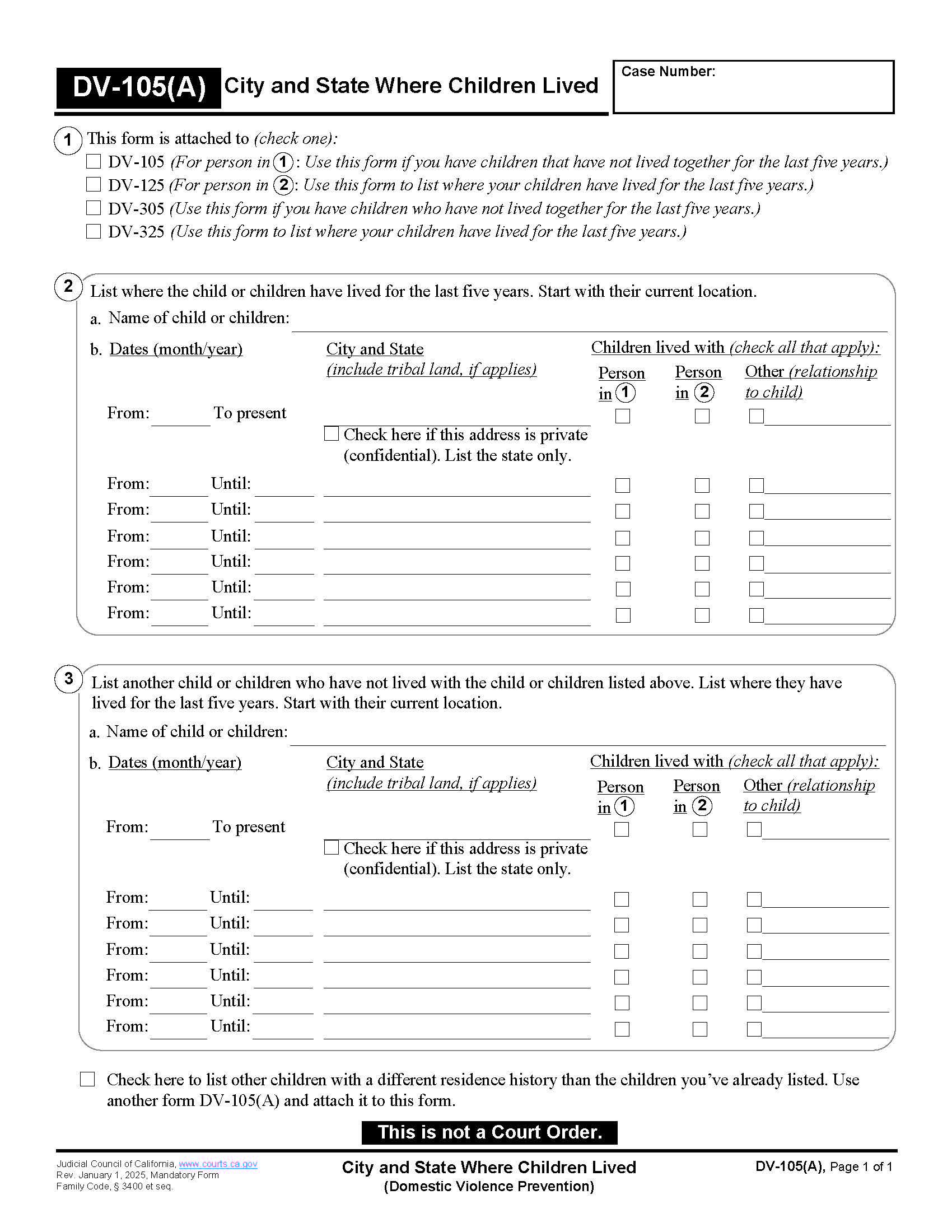 City And State Where Children Lived (Domestic Violence Prevention) {DV-105(A)} | Pdf Fpdf Docx | California