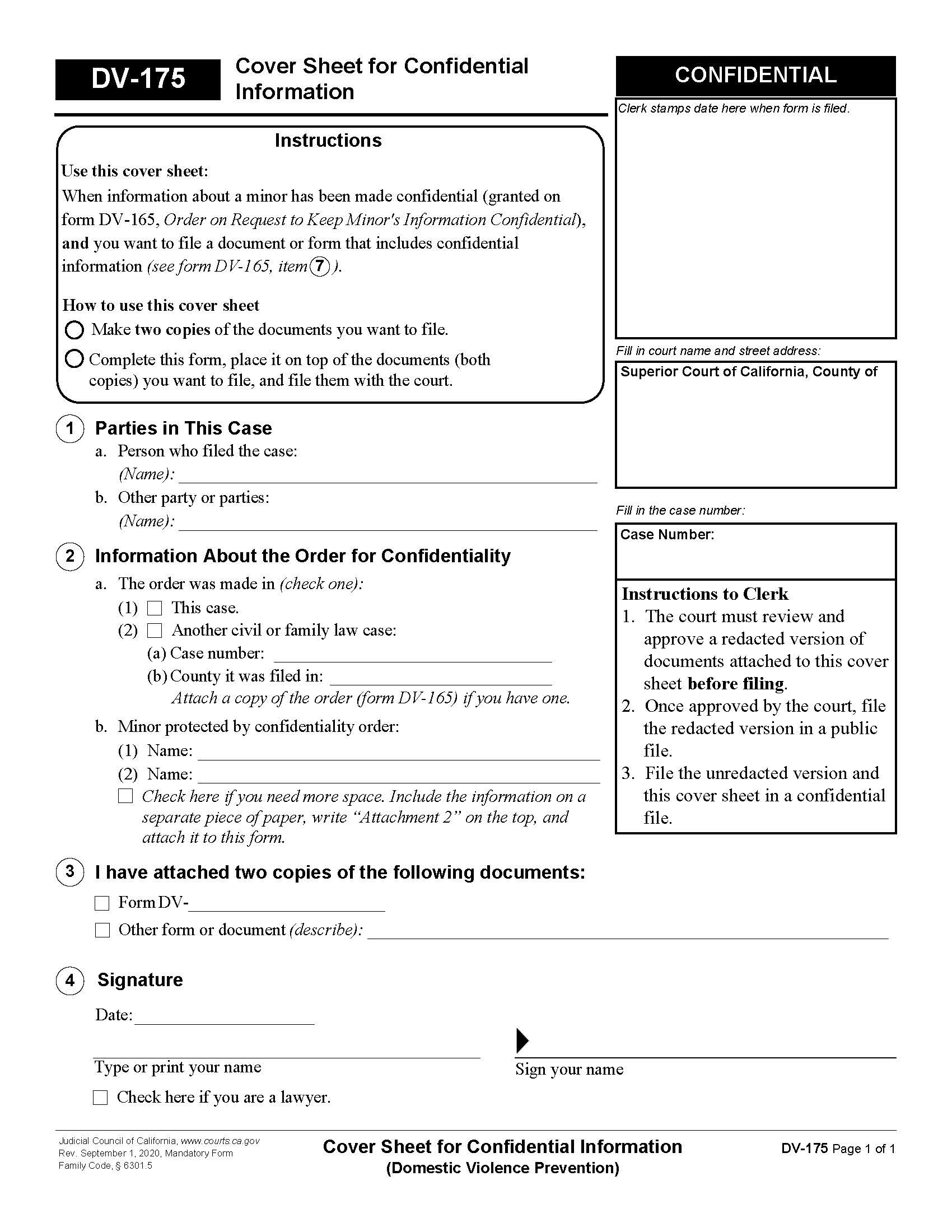Cover Sheet For Confidential Information (Domestic Violence Prevention) {DV-175} | Pdf Fpdf Docx | California