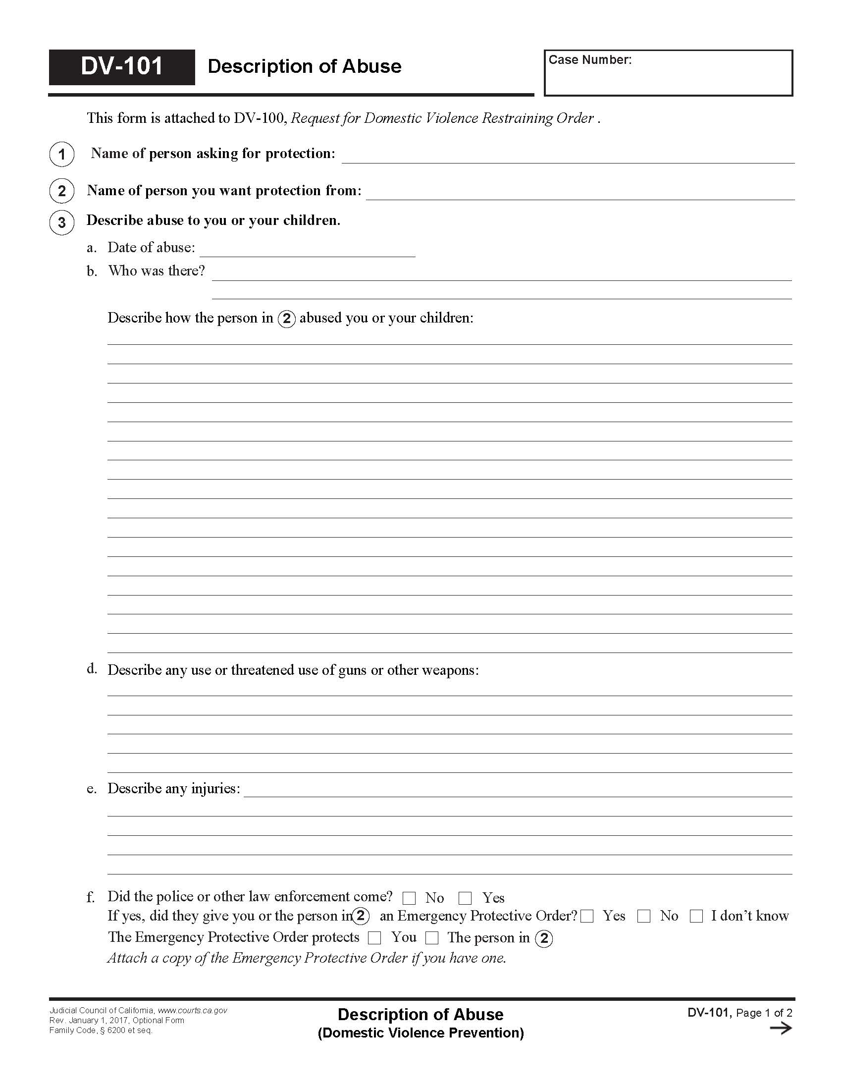 Description Of Abuse {DV-101} | Pdf Fpdf Doc Docx | California