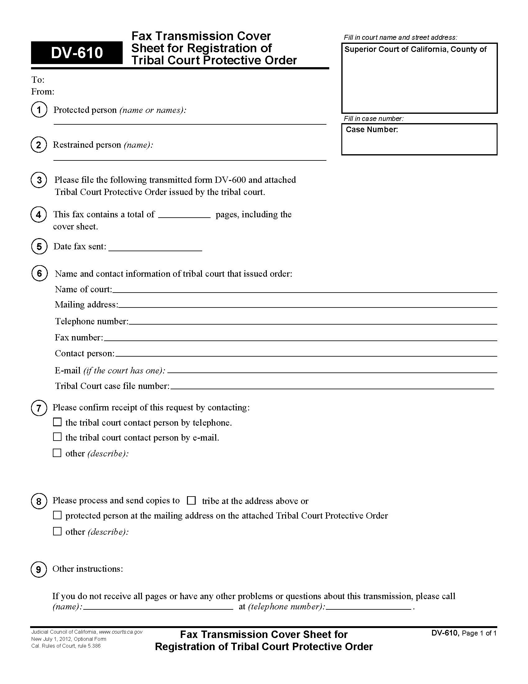 Fax Transmission Cover Sheet For Registration Of Tribal Court Protective Order {DV-610} | Pdf Fpdf Doc Docx | California