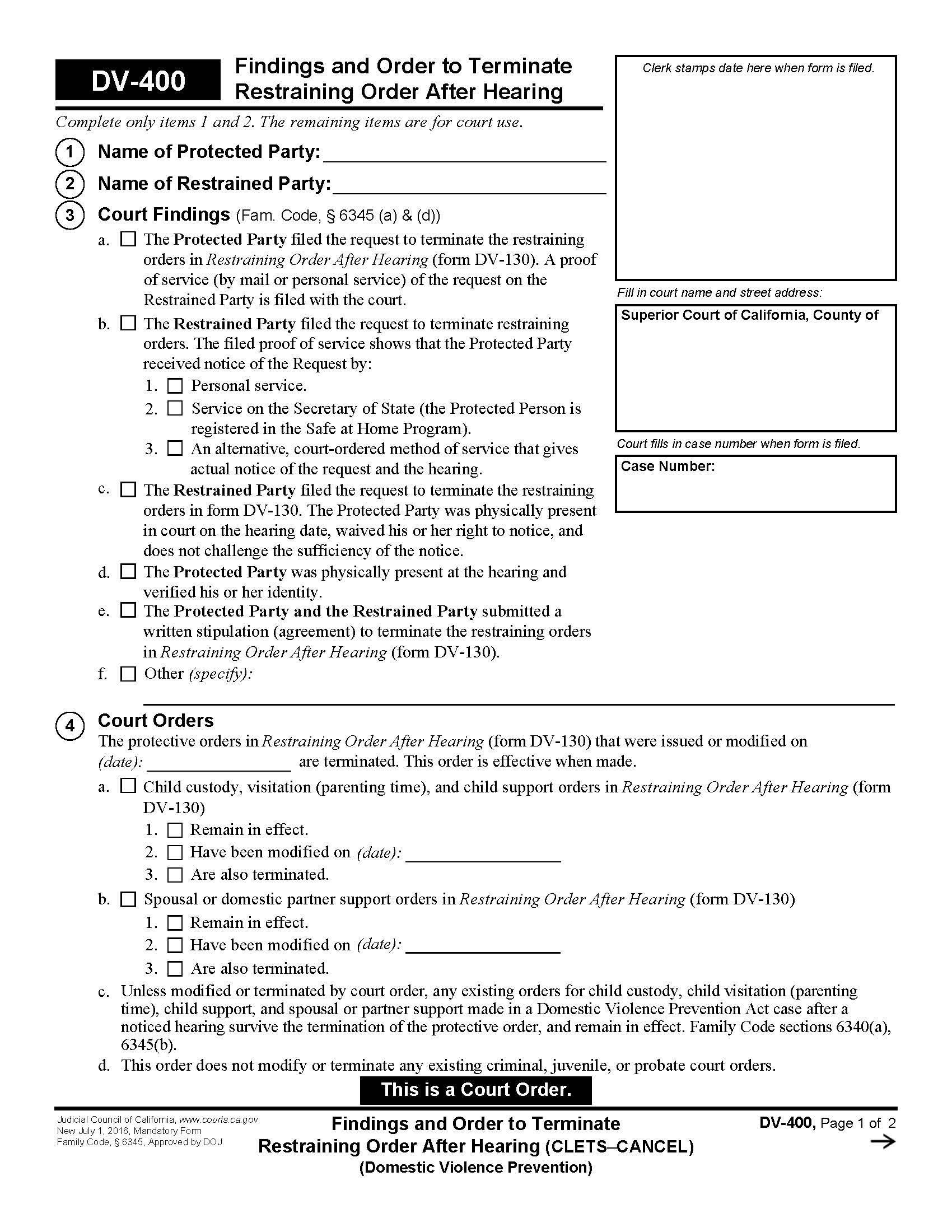 Findings And Order To Terminate Restraining Order After Hearing {DV-400} | Pdf Fpdf Doc Docx | California