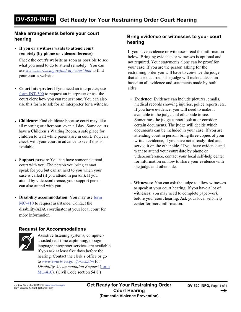 Get Ready For The Court Hearing {DV-520-INFO} | Pdf Fpdf Doc Docx | California