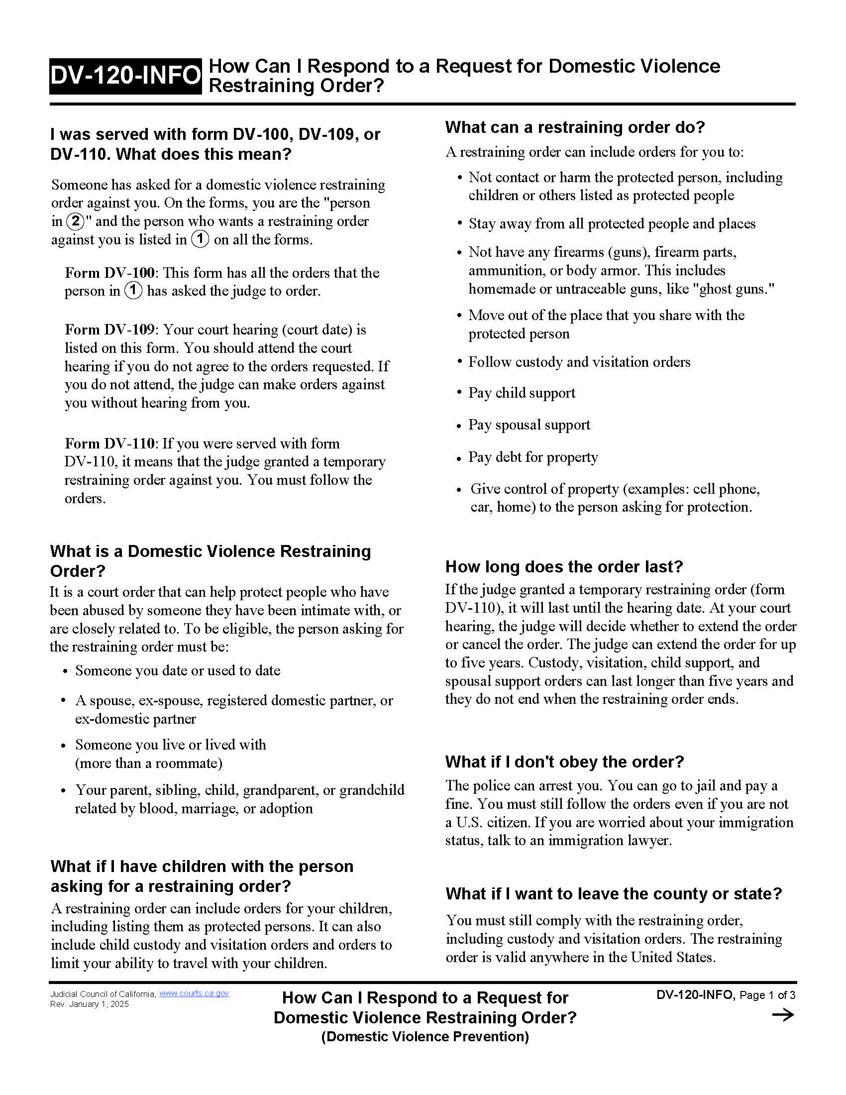 How Can I Respond To A Request For Domestic Violence Restraining Order {DV-120-INFO} | Pdf Fpdf Doc Docx | California