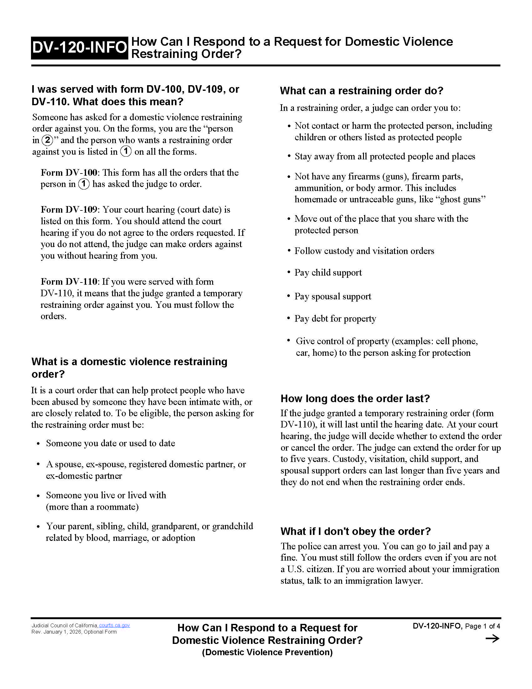 How Can I Respond To A Request For Domestic Violence Restraining Order {DV-120-INFO} | Pdf Fpdf Doc Docx | California