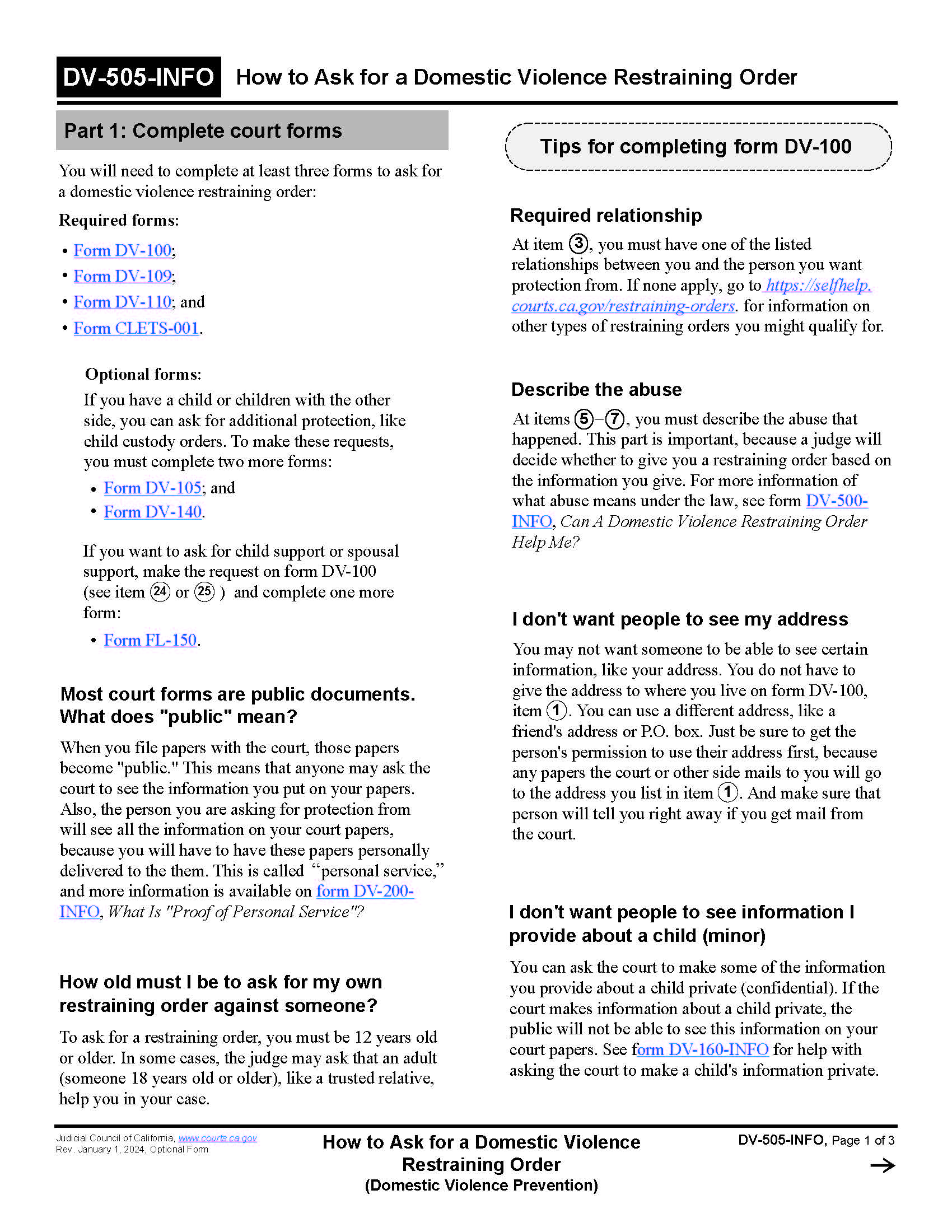 How Do I Ask For A Temporary Restraining Order {DV-505-INFO} | Pdf Fpdf Doc Docx | California