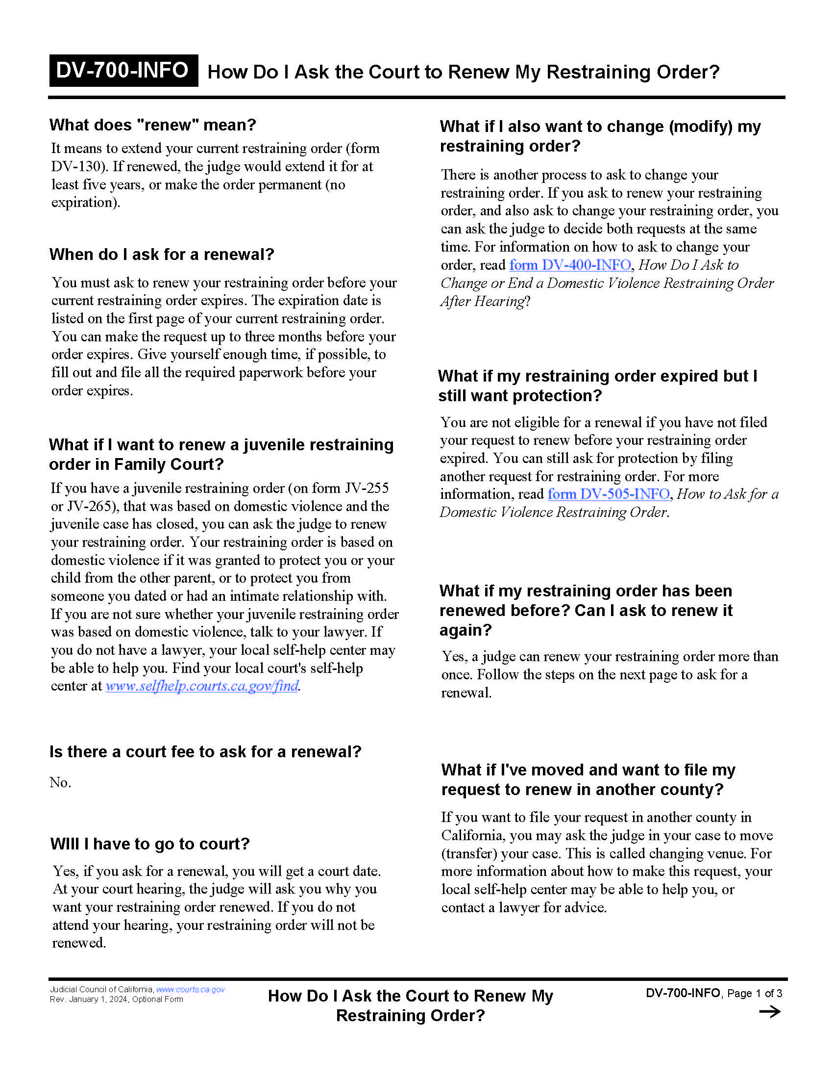How Do I Ask The Court To Renew My Restraining Order {DV-700-INFO} | Pdf Fpdf Doc Docx | California