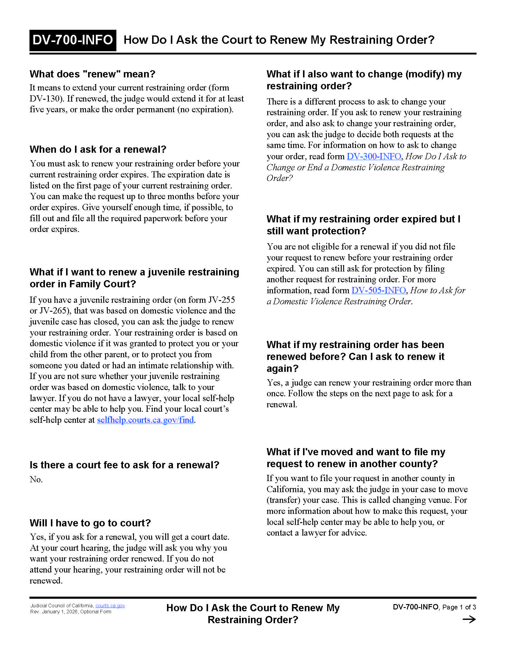 How Do I Ask The Court To Renew My Restraining Order {DV-700-INFO} | Pdf Fpdf Doc Docx | California