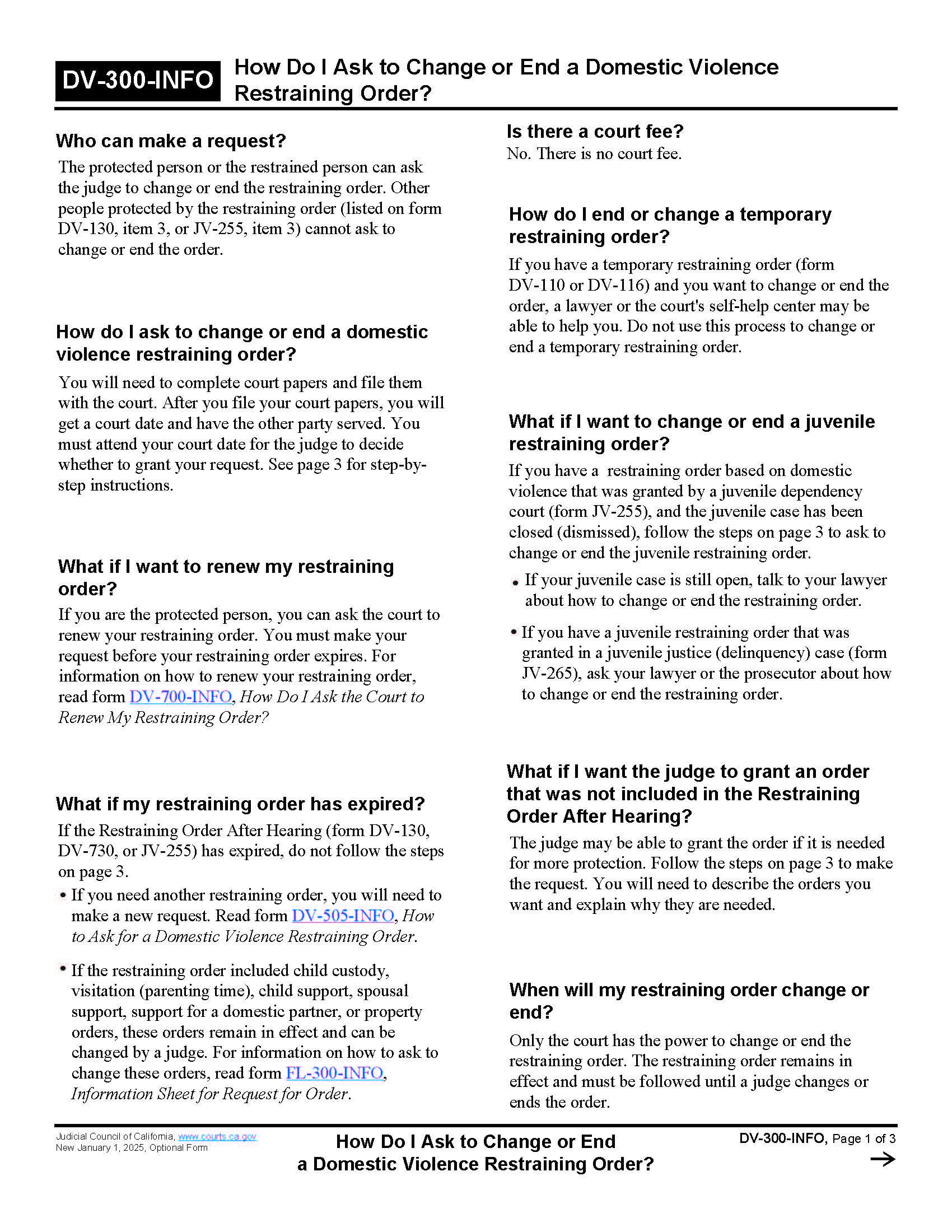 How Do I Ask To Change Or End A Domestic Violence Restraining Order {DV-300-INFO} | Pdf Fpdf Docx | California