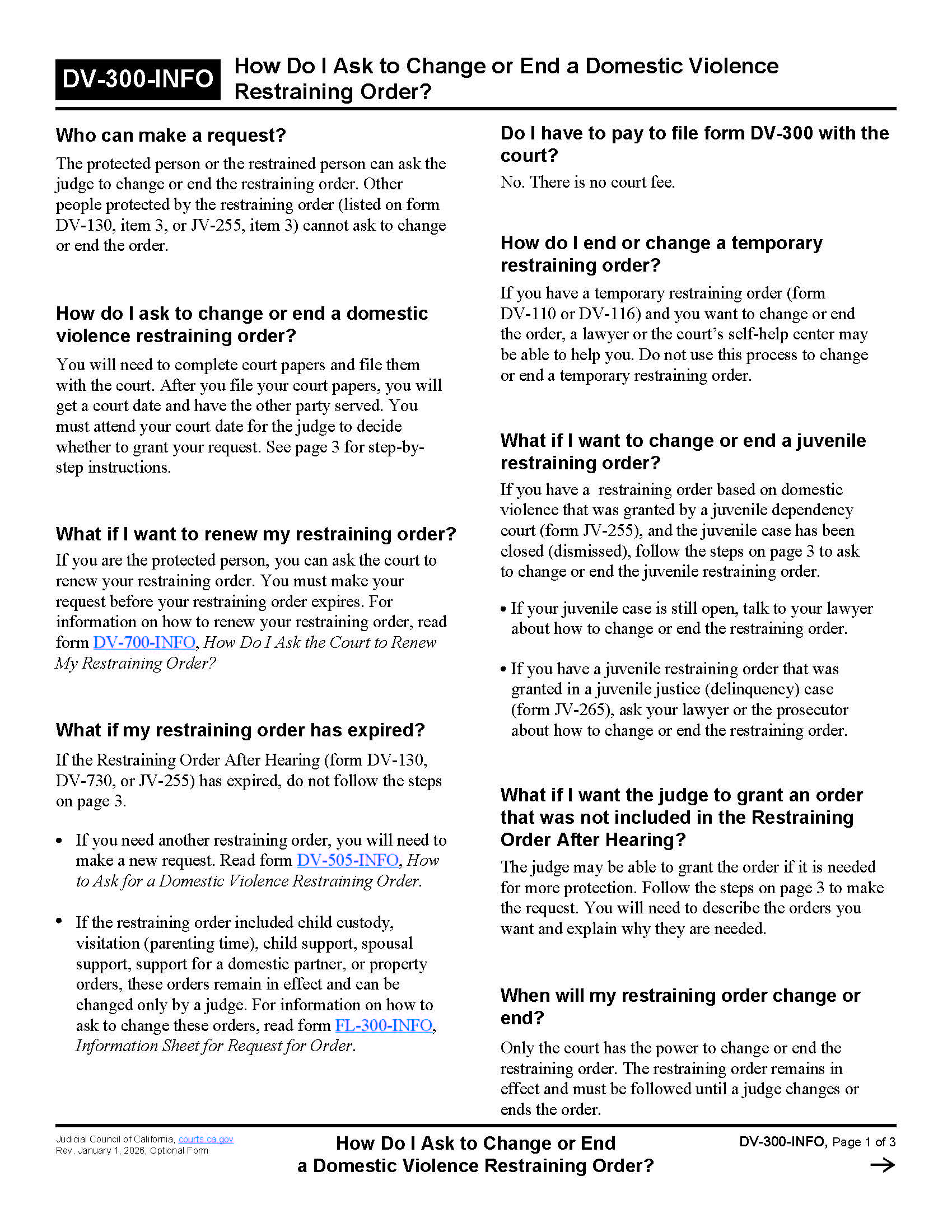 How Do I Ask To Change Or End A Domestic Violence Restraining Order {DV-300-INFO} | Pdf Fpdf Docx | California