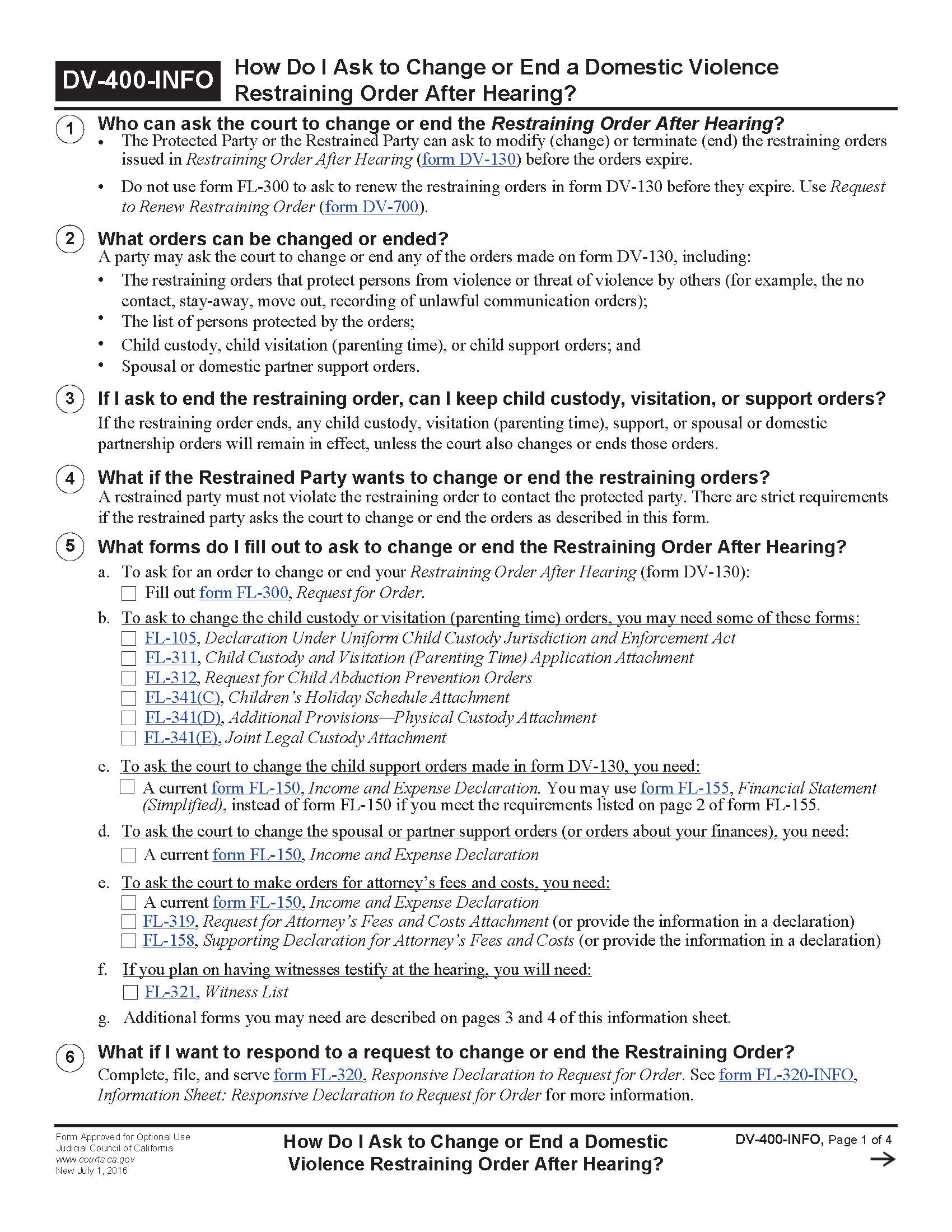 How Do I Ask To Charge Or End A Domestic Violence Restraining Order {DV-400-INFO} | Pdf Fpdf Doc Docx | California