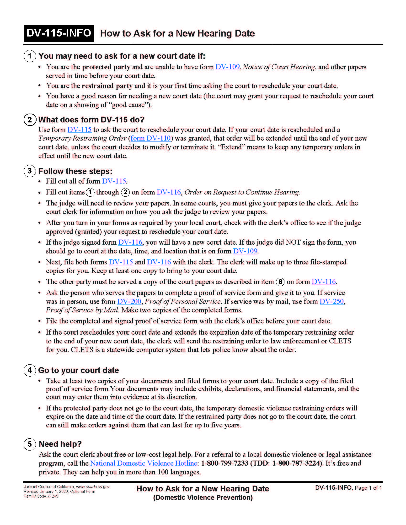 How To Ask For A New Hearing Date {DV-115-INFO} | Pdf Fpdf Doc Docx | California