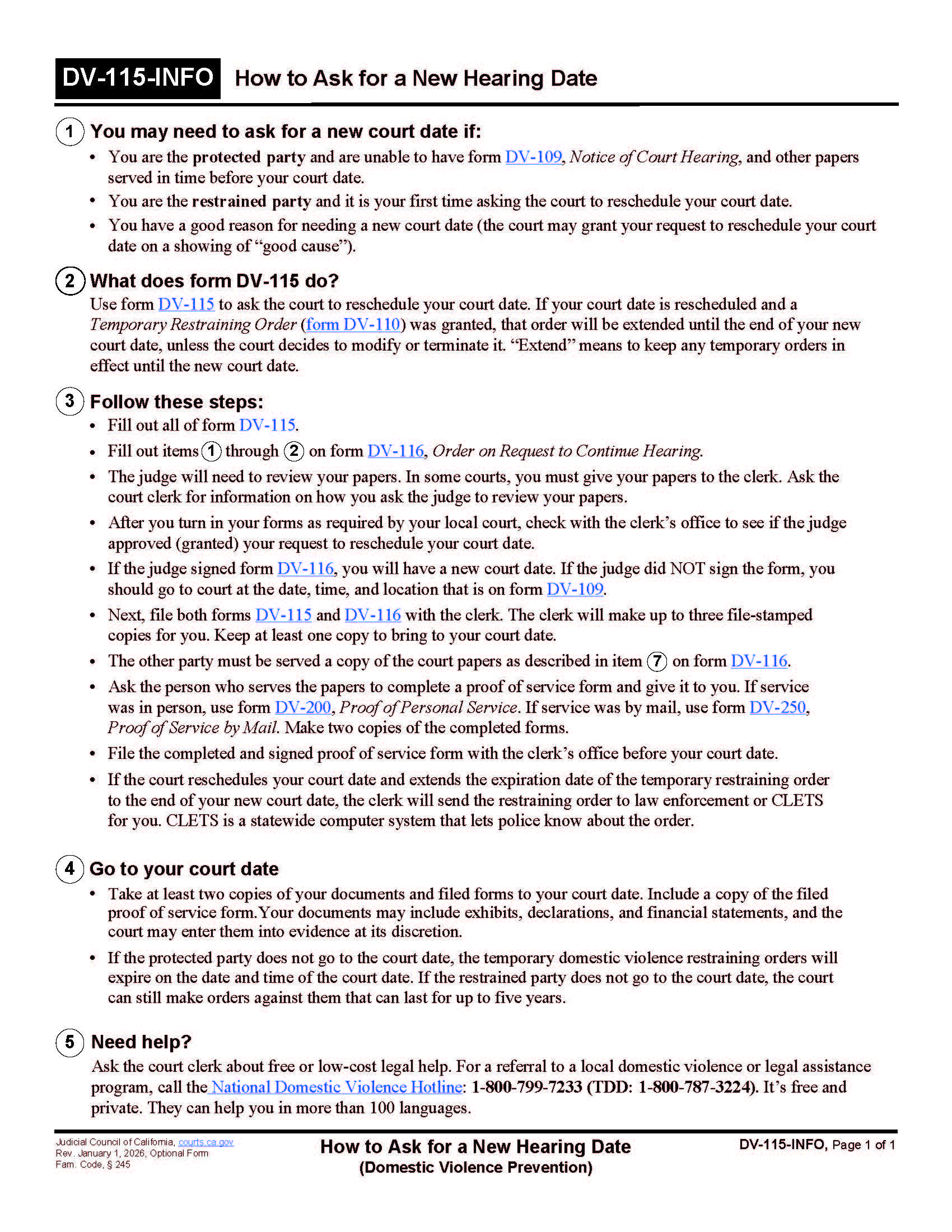 How To Ask For A New Hearing Date {DV-115-INFO} | Pdf Fpdf Doc Docx | California