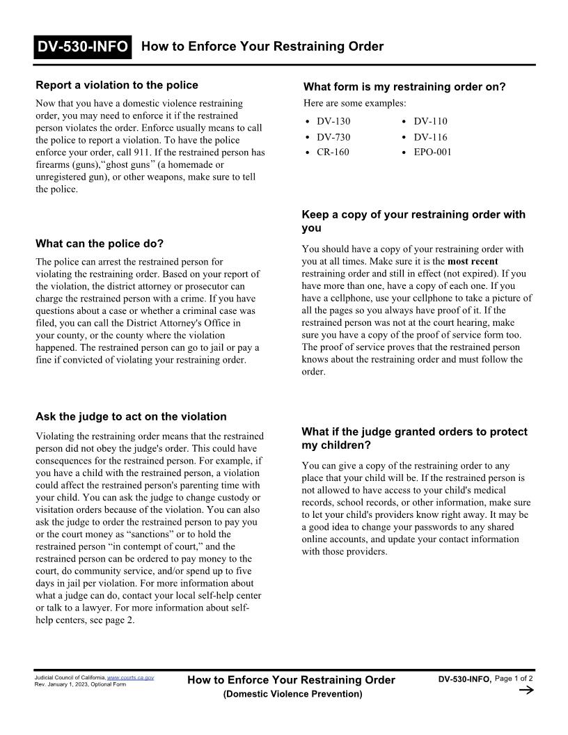 How To Enforce Your Restraining Order {DV-530-INFO} | Pdf Fpdf Doc Docx | California