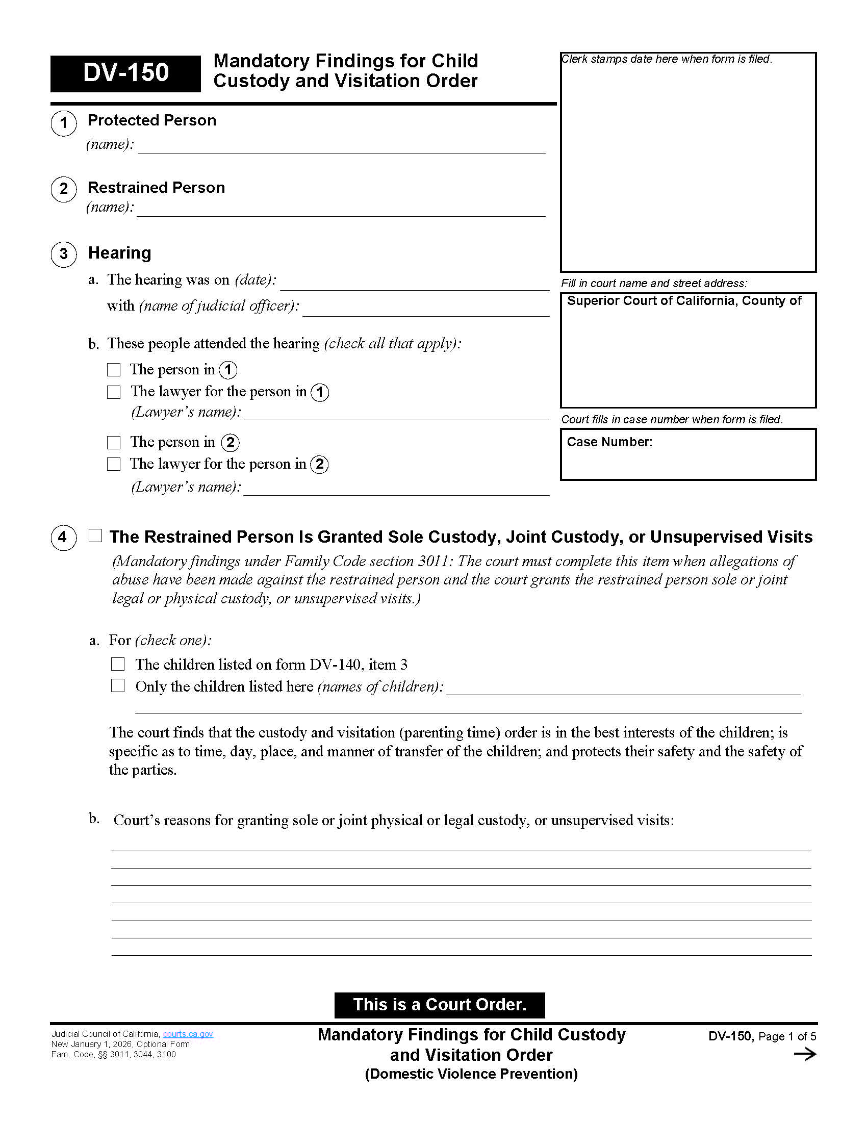 Mandatory Findings For Child Custody And Visitation Order (Domestic Violence Prevention) {DV-150} | Pdf Fpdf Docx | California