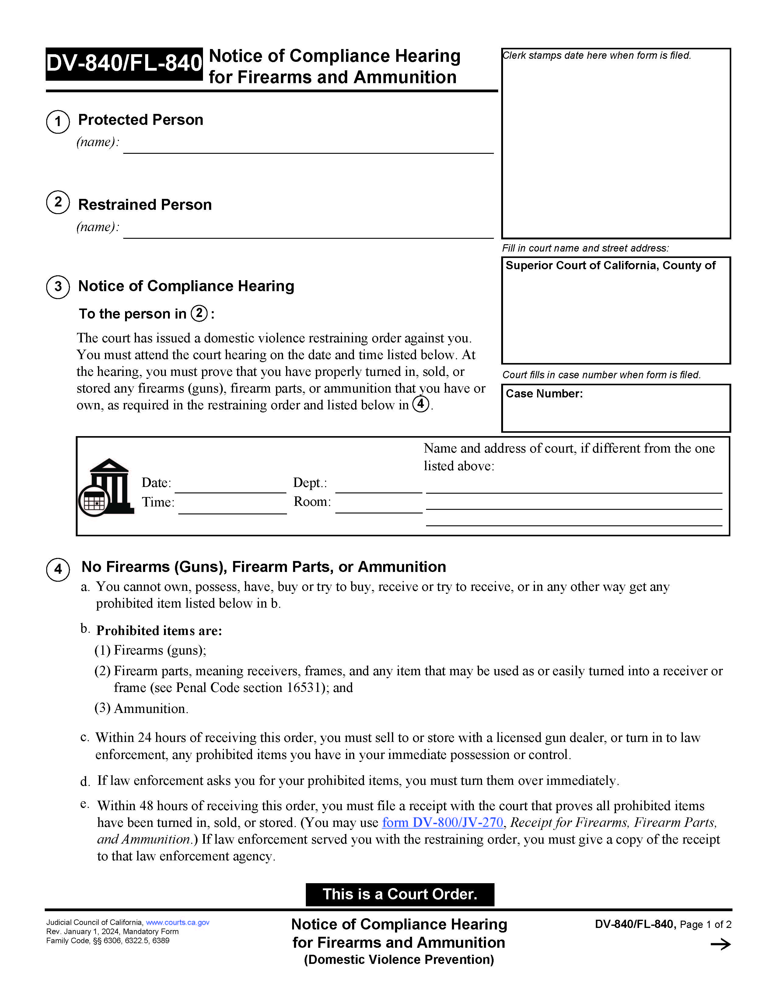 Notice Of Compliance Hearing For Firearms And Ammunition (Domestic Violence Prevention) {DV-840 FL-840} | Pdf Fpdf Docx | California