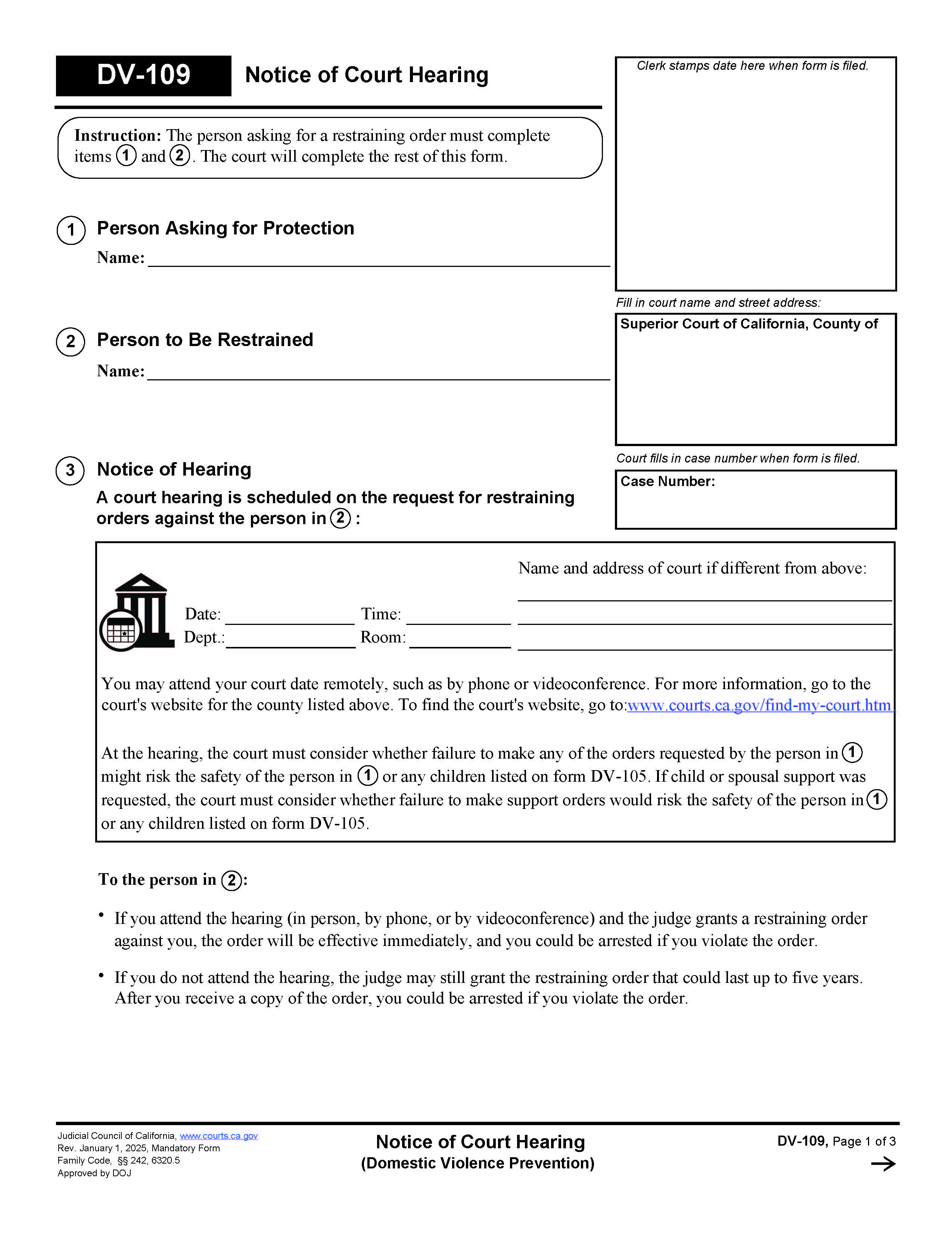 Notice Of Court Hearing (Domestic Violence Prevention) {DV-109} | Pdf Fpdf Docx | California