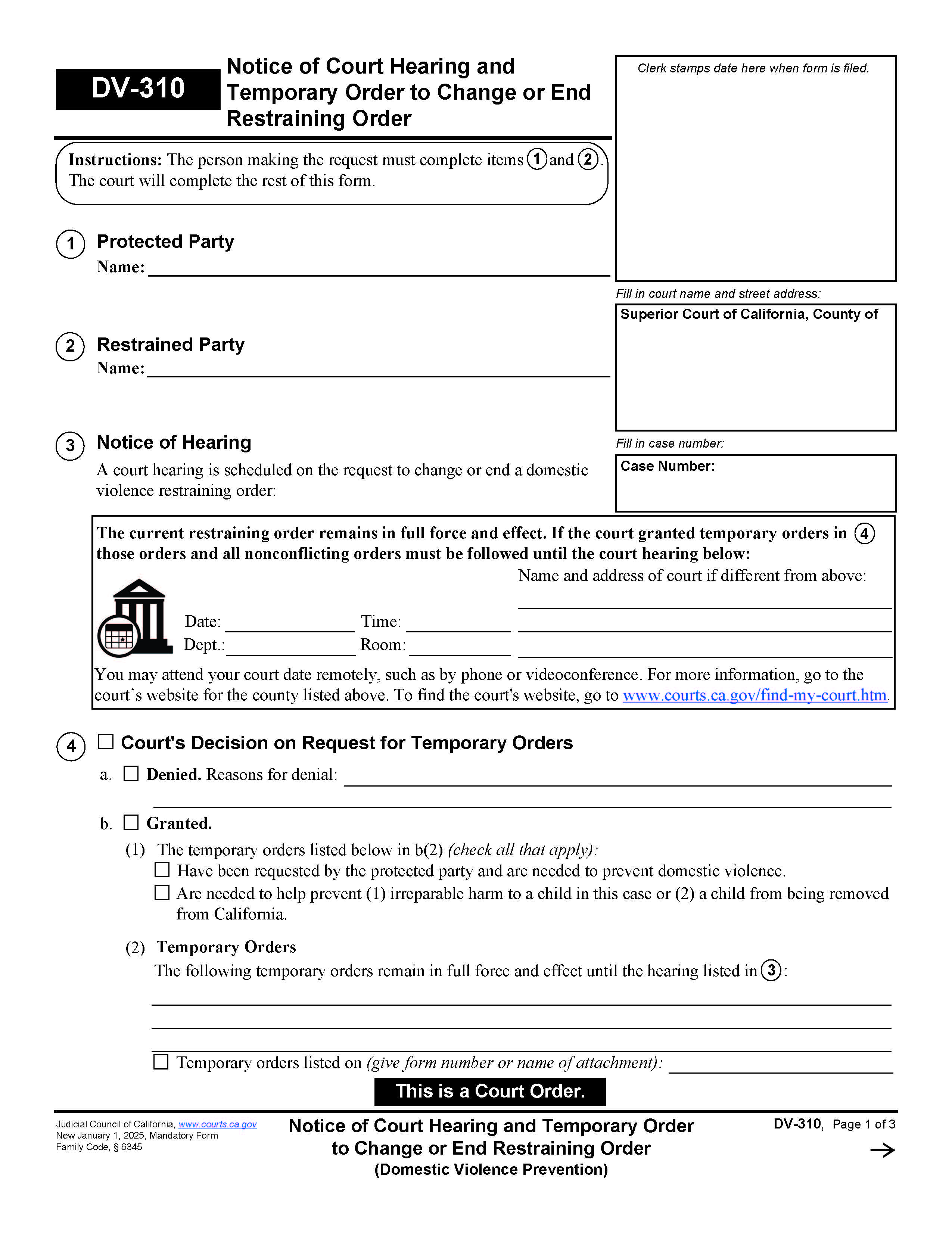 Notice Of Court Hearing And Temporary Order To Change Or End Restraining Order {DV-310} | Pdf Fpdf Docx | California
