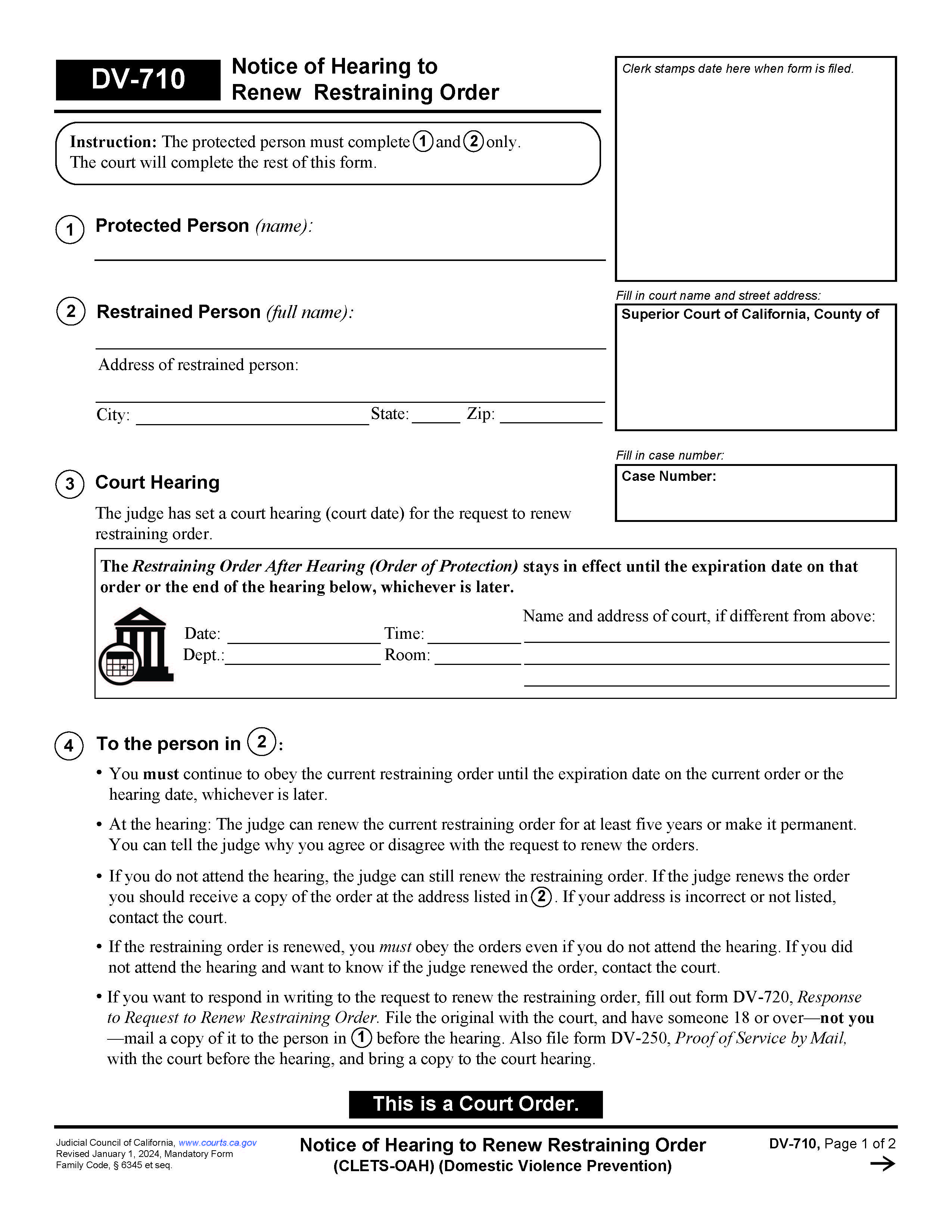 Notice Of Hearing To Renew Restraining Order {DV-710} | Pdf Fpdf Doc Docx | California
