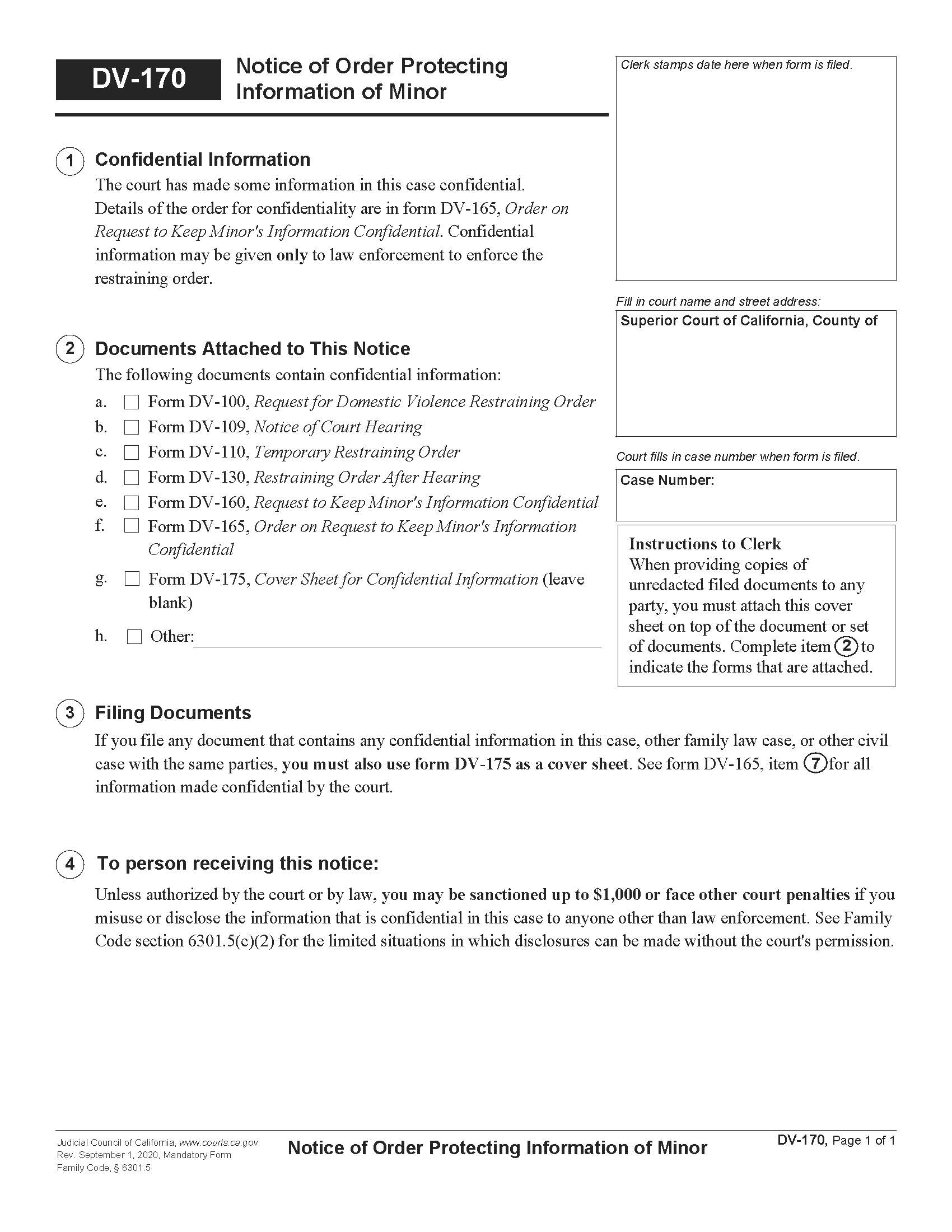 Notice Of Order Protecting Information Of Minor {DV-170} | Pdf Fpdf Docx | California