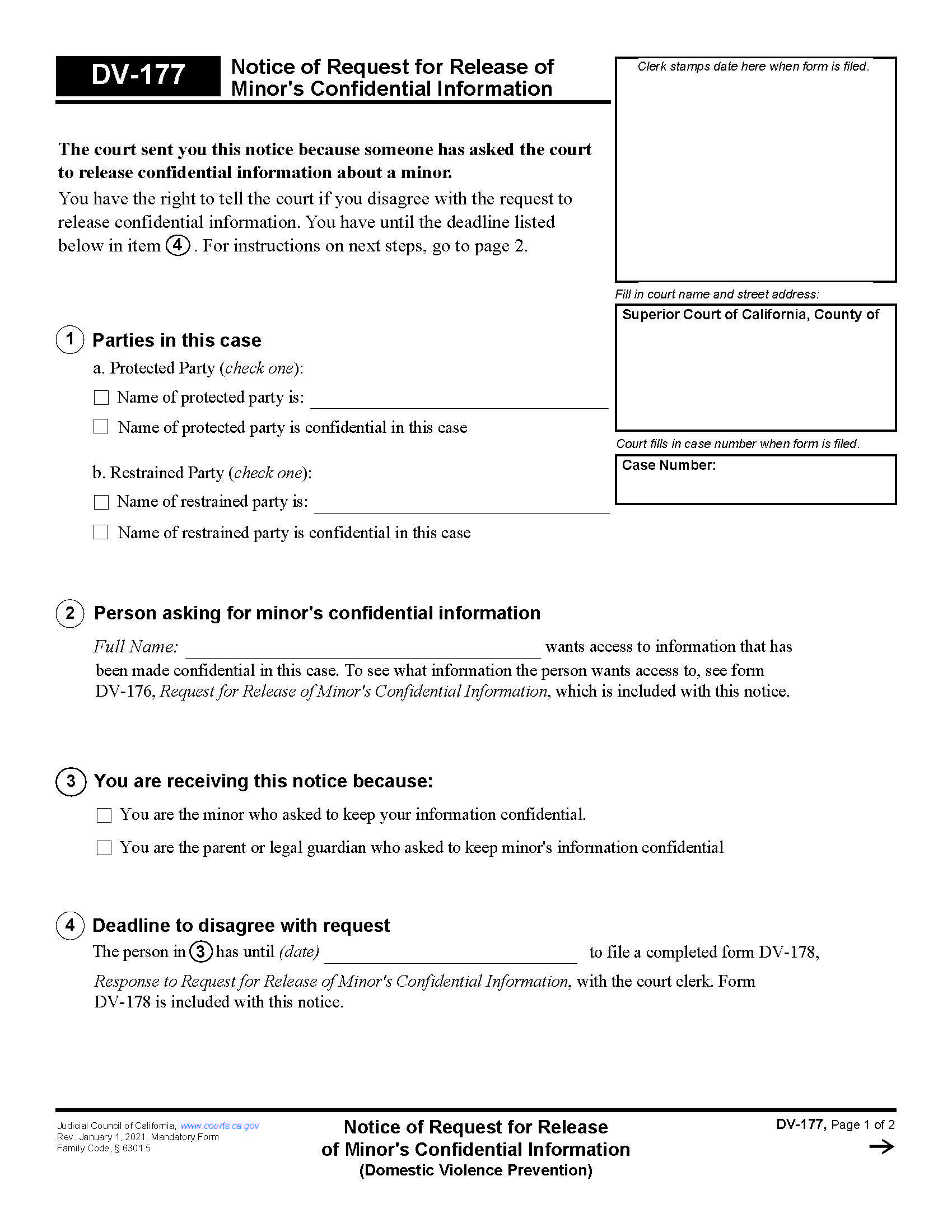 Notice Of Request For Release Of Minors Confidential Information {DV-177} | Pdf Fpdf Docx | California