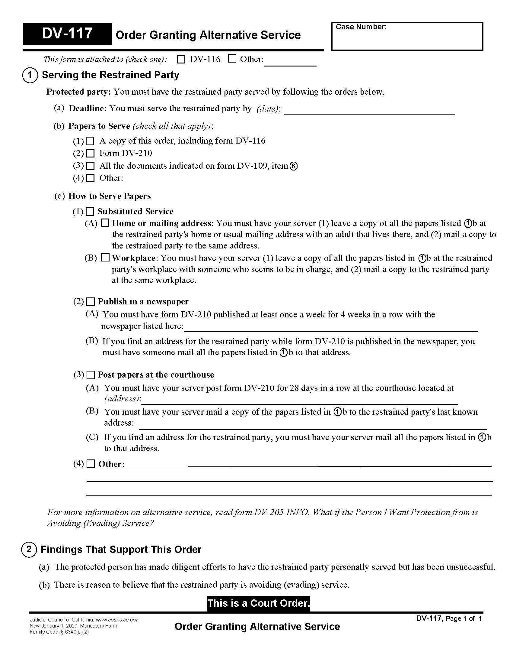 Order Granting Alternative Service {DV-117} | Pdf Fpdf Docx | California