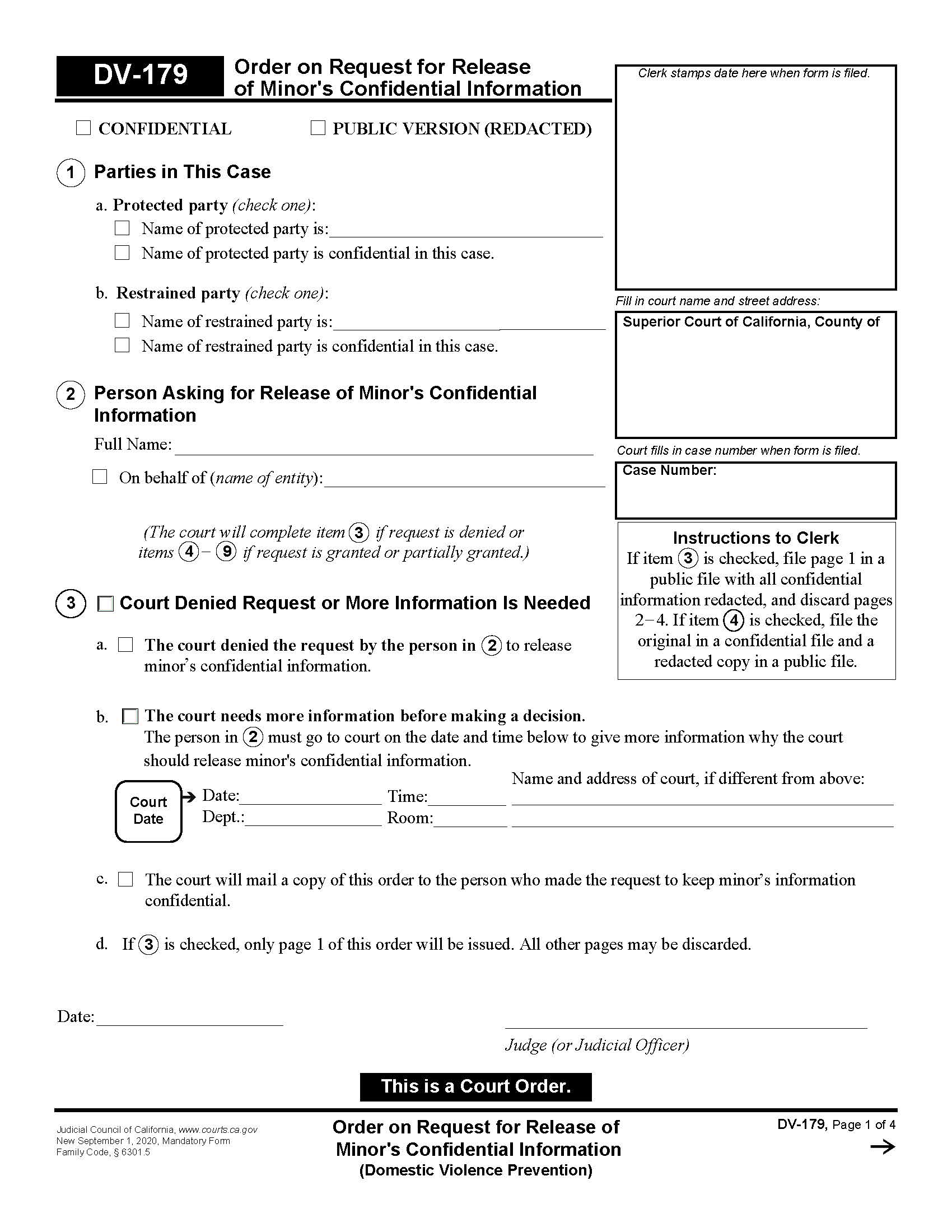 Order On Request For Release Of Minors Confidential Information {DV-179} | Pdf Fpdf Docx | California