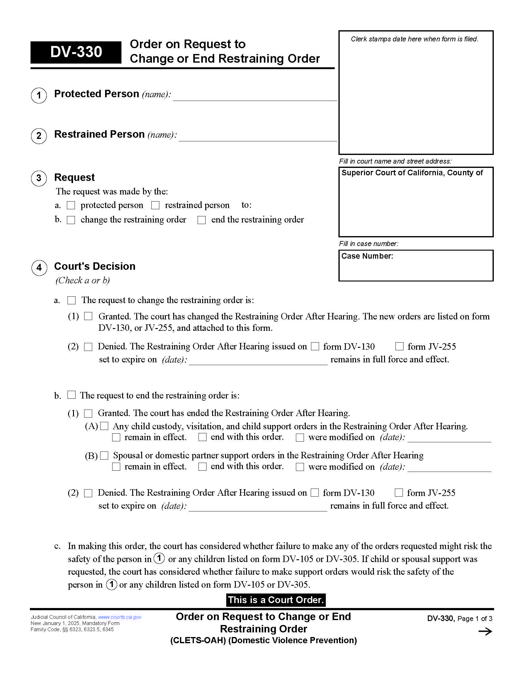 Order On Request To Change Or End Restraining Order {DV-330} | Pdf Fpdf Docx | California