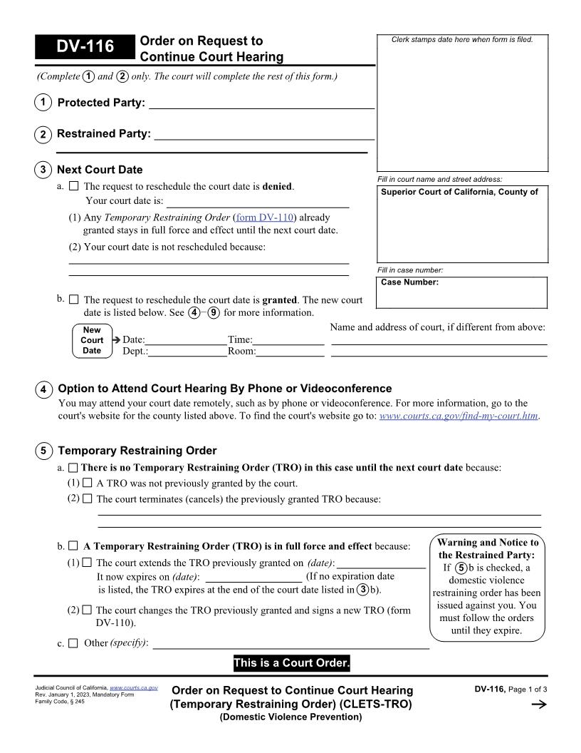 Order On Request To Continue Court Hearing {DV-116} | Pdf Fpdf Doc Docx | California