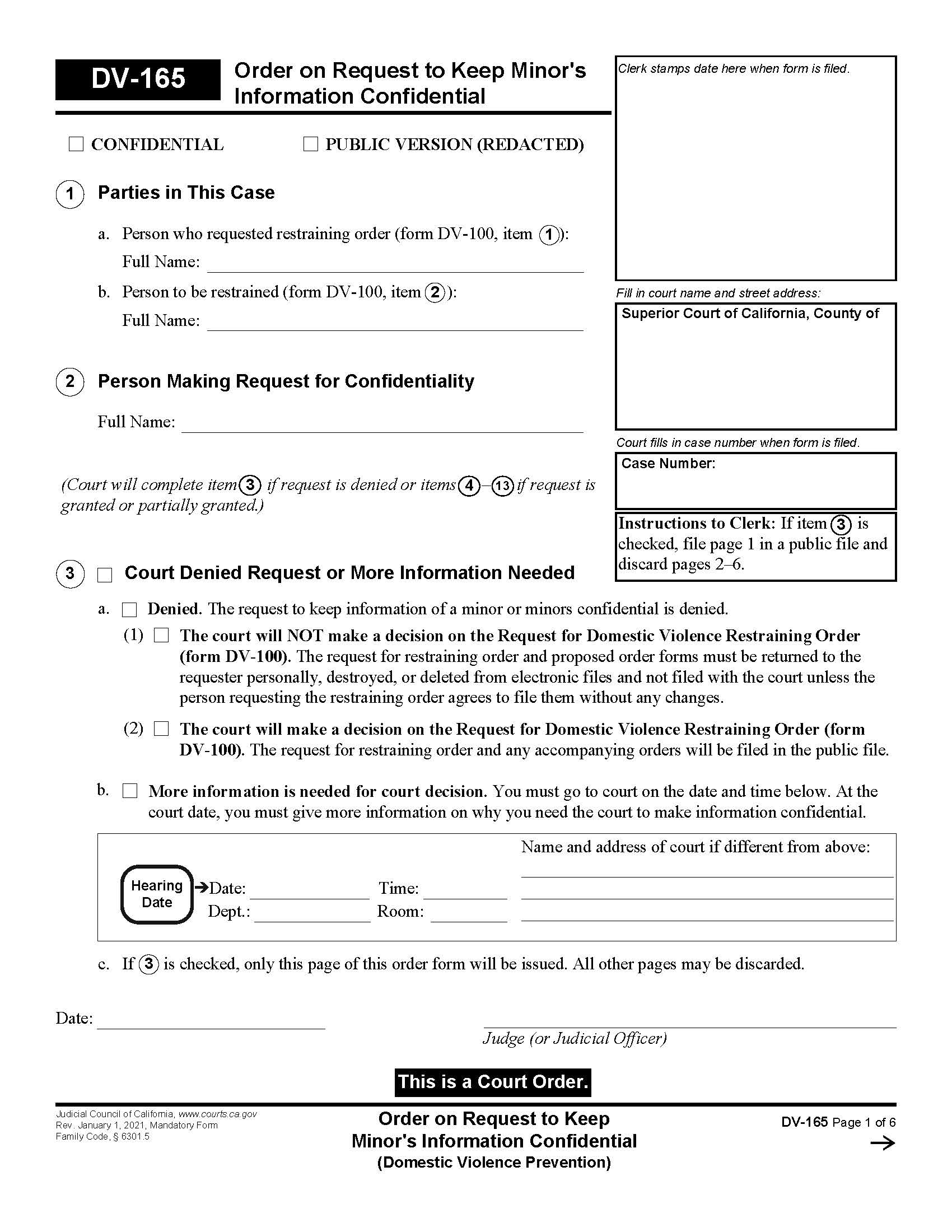 Order On Request To Keep Minors Information Confidential {DV-165} | Pdf Fpdf Docx | California