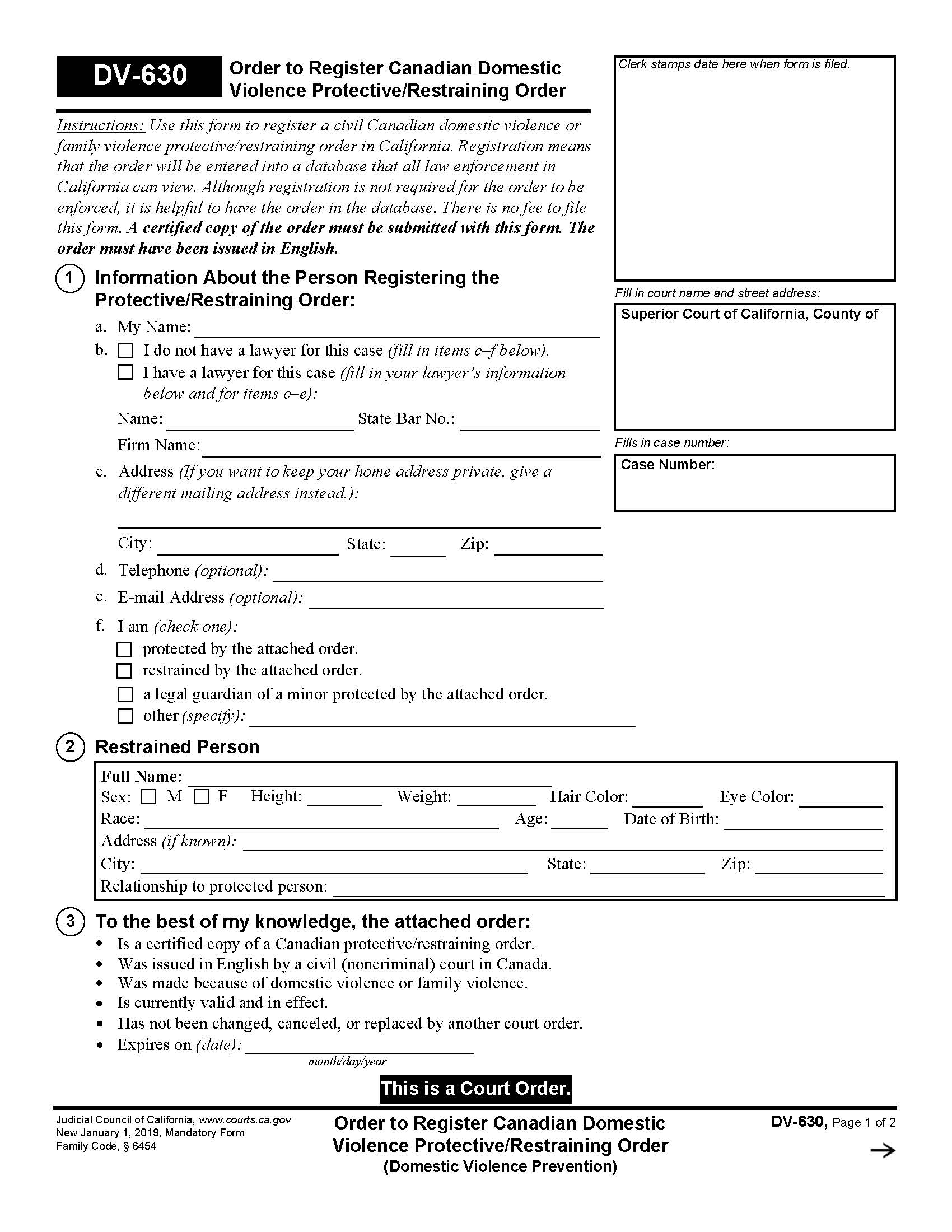 Order To Register Canadian Domestic Violence Protective-Restraining Order {DV-630} | Pdf Fpdf Docx | California