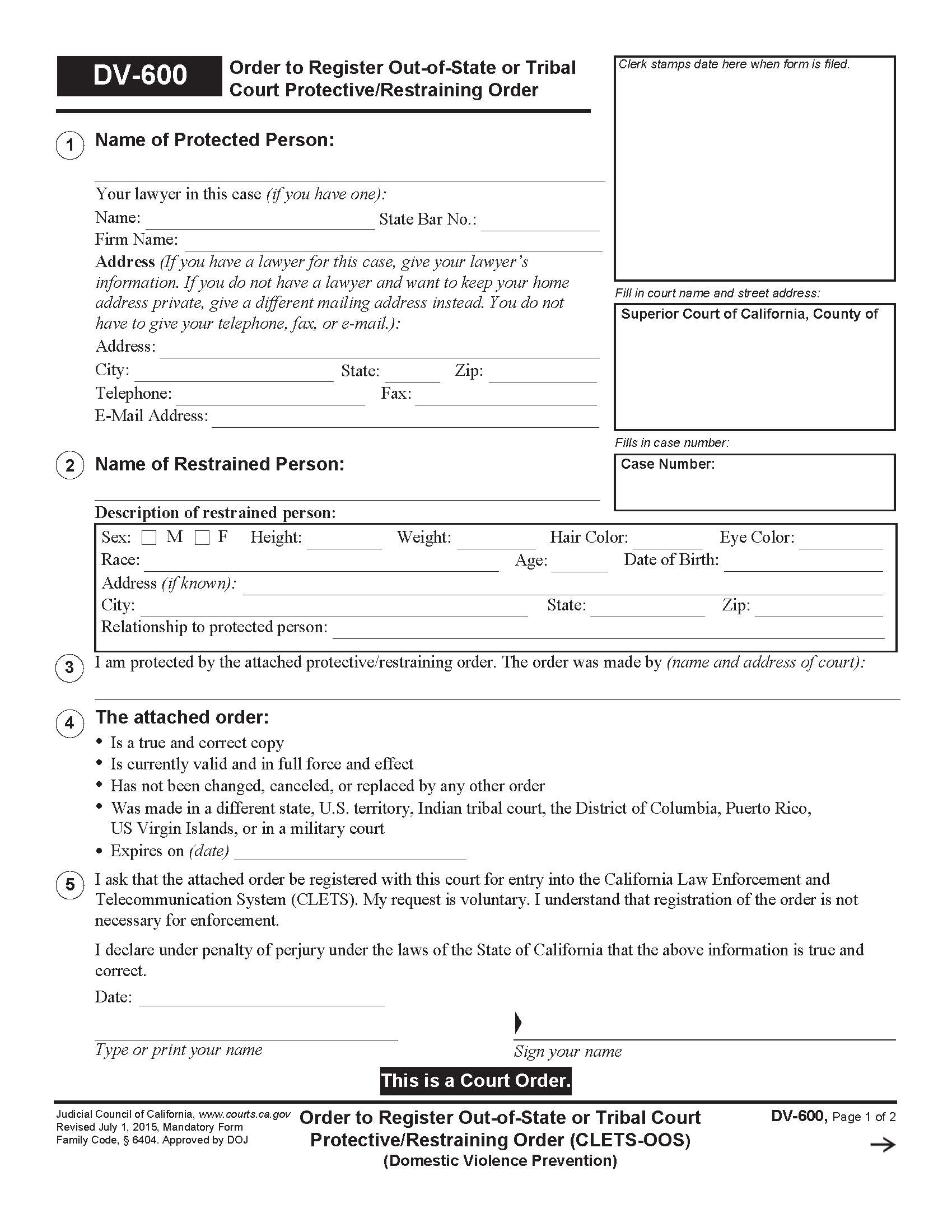 Order To Register Out-Of-State Or Tribal Court Protective-Restraining Order {DV-600} | Pdf Fpdf Doc Docx | California