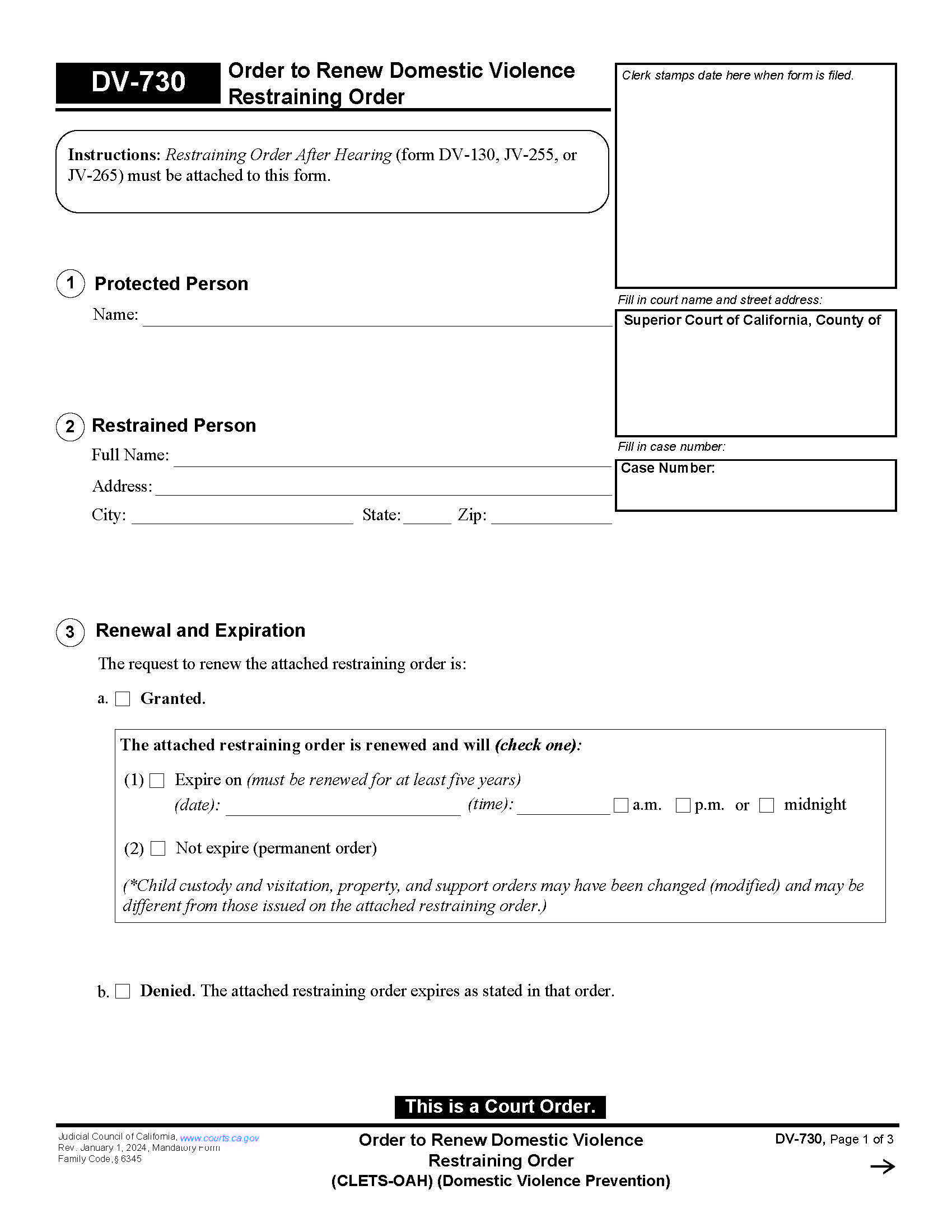 Order To Renew Domestic Violence Restraining Order {DV-730} | Pdf Fpdf Doc Docx | California