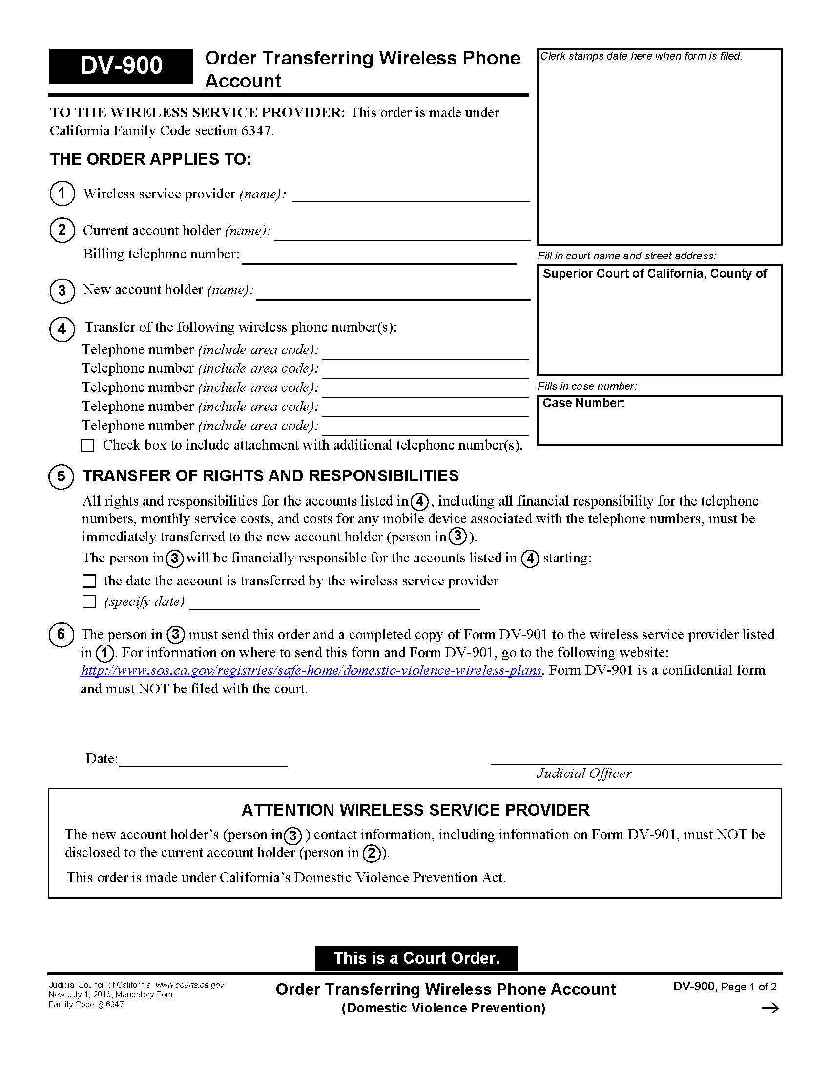 Order Transferring Wireless Phone Account {DV-900} | Pdf Fpdf Doc Docx | California