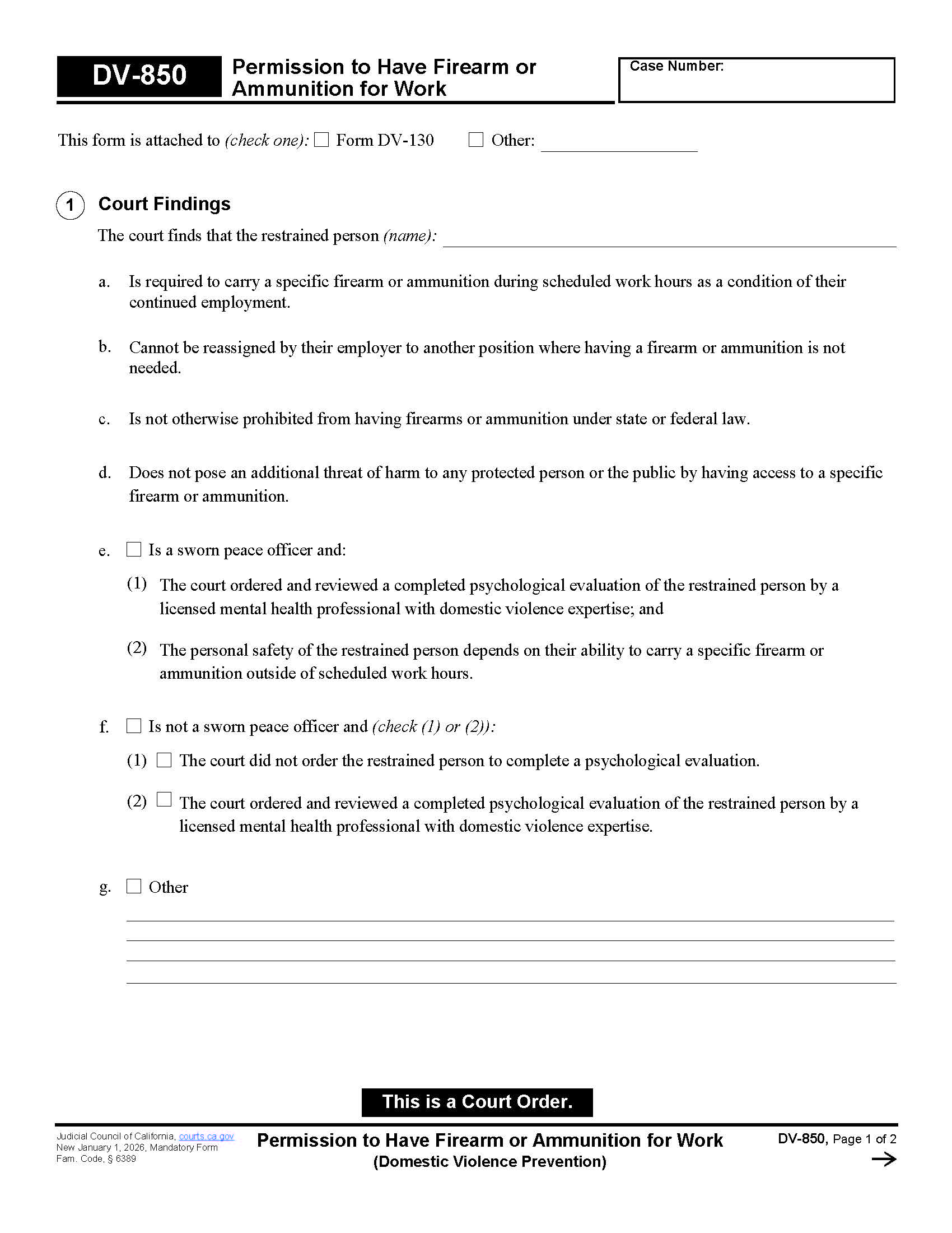 Permission To Have Firearm Or Ammunition For Work (Domestic Violence Prevention) {DV-850} | Pdf Fpdf Docx | California