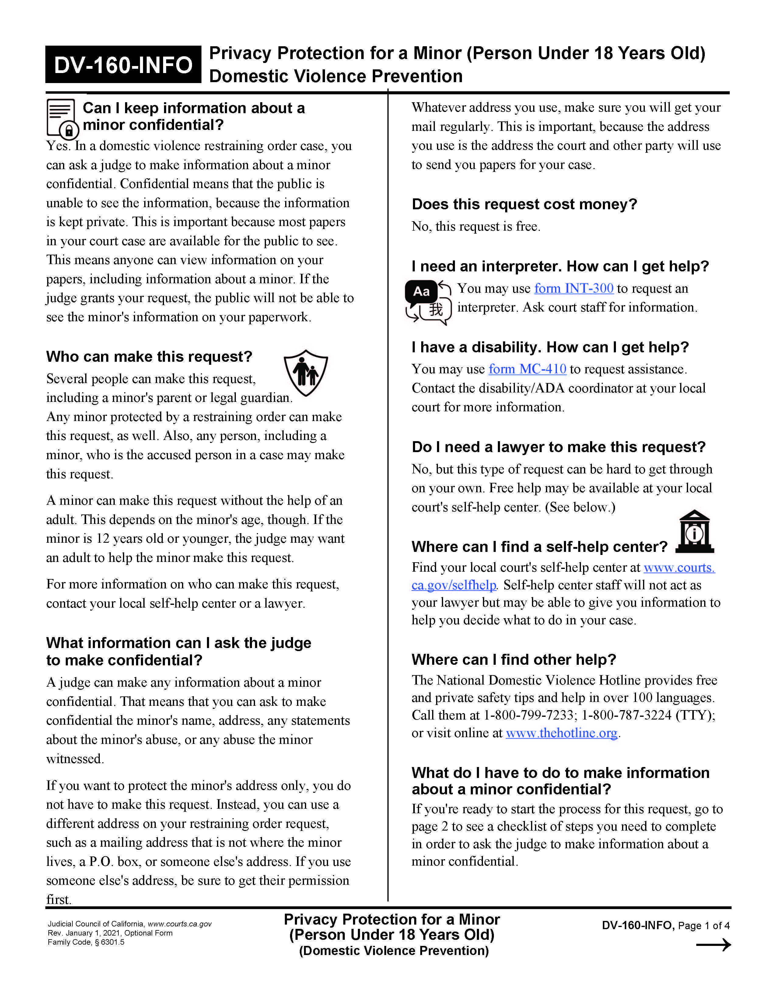 Privacy Protection For A Minor (Person Under 18 Years Old) {DV-160-INFO} | Pdf Fpdf Docx | California