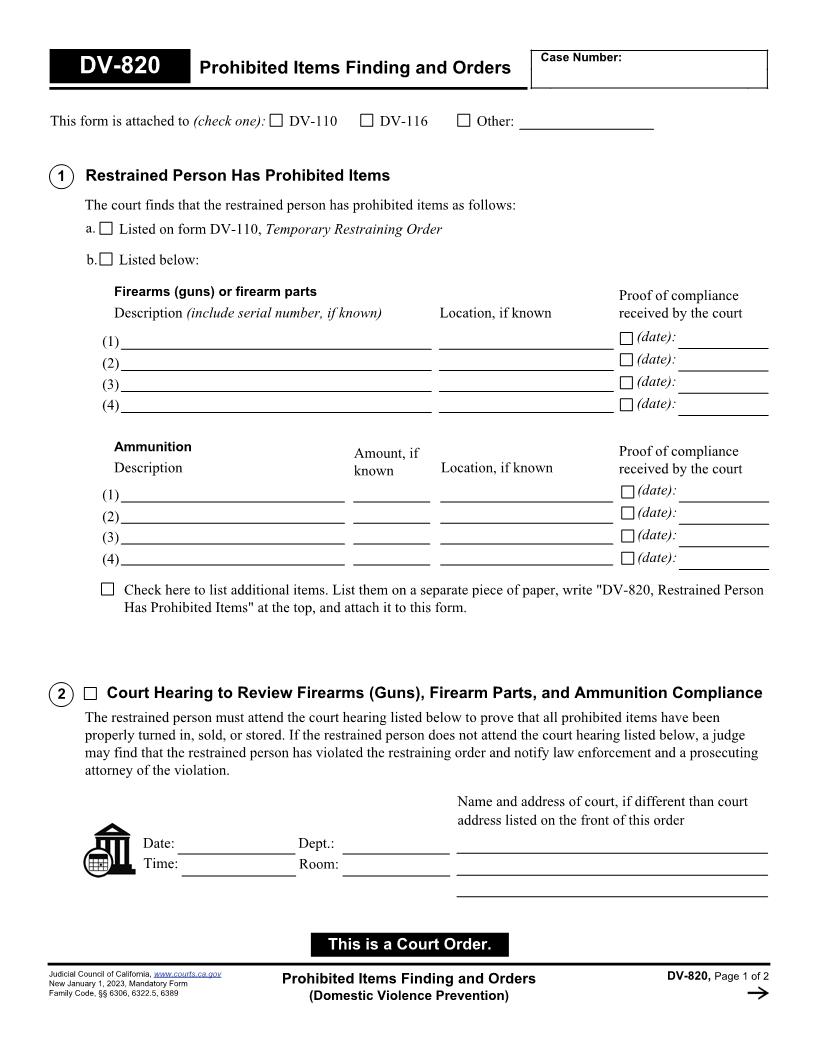Prohibited Intems Finding And Orders (Domestic Violence Prevention) {DV-820} | Pdf Fpdf Docx | California