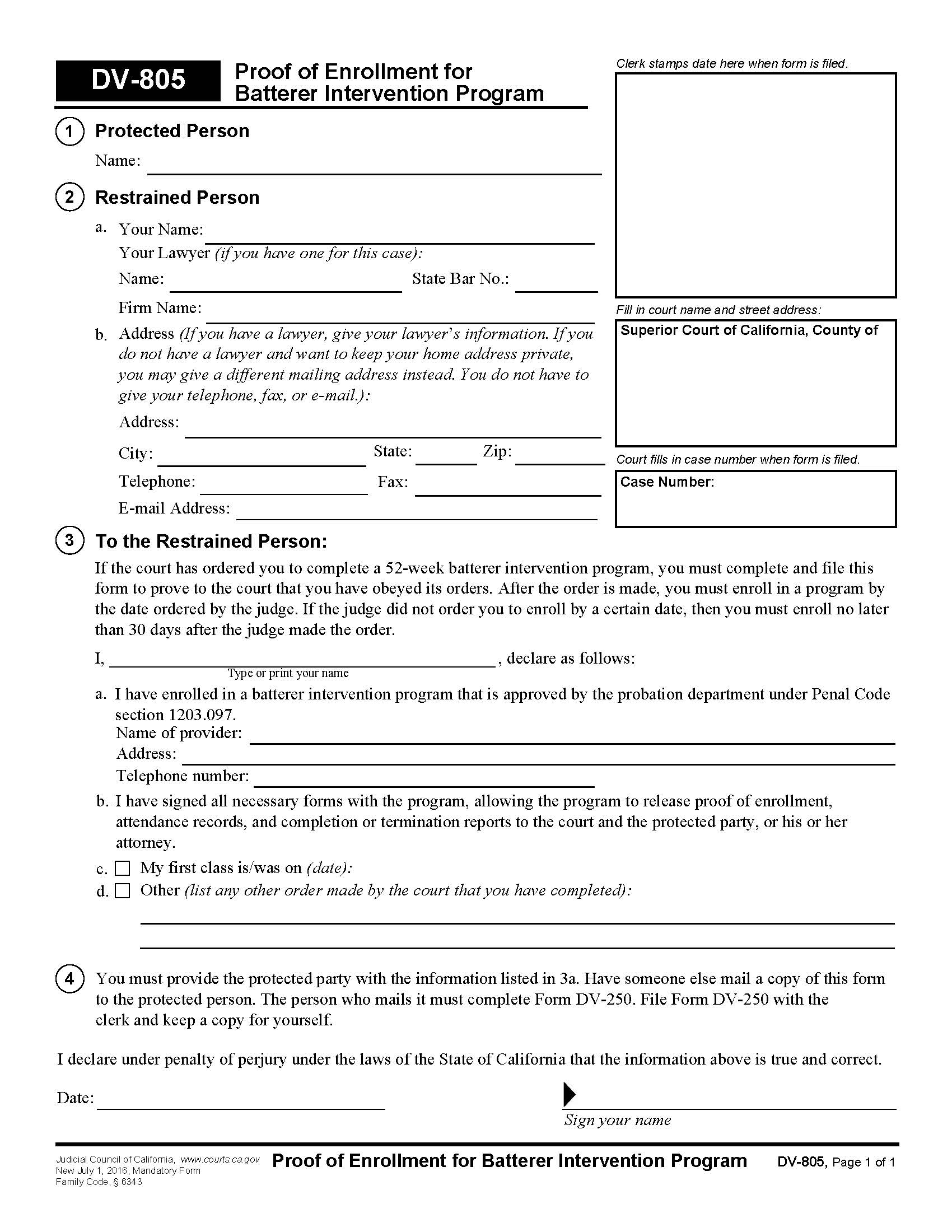 Proof Of Enrollment For Batter Intervention Program {DV-805} | Pdf Fpdf Doc Docx | California