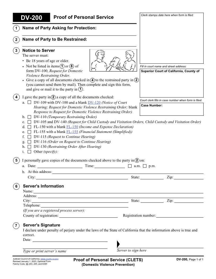 Proof Of Personal Service (CLETS) {DV-200} | Pdf Fpdf Doc Docx | California