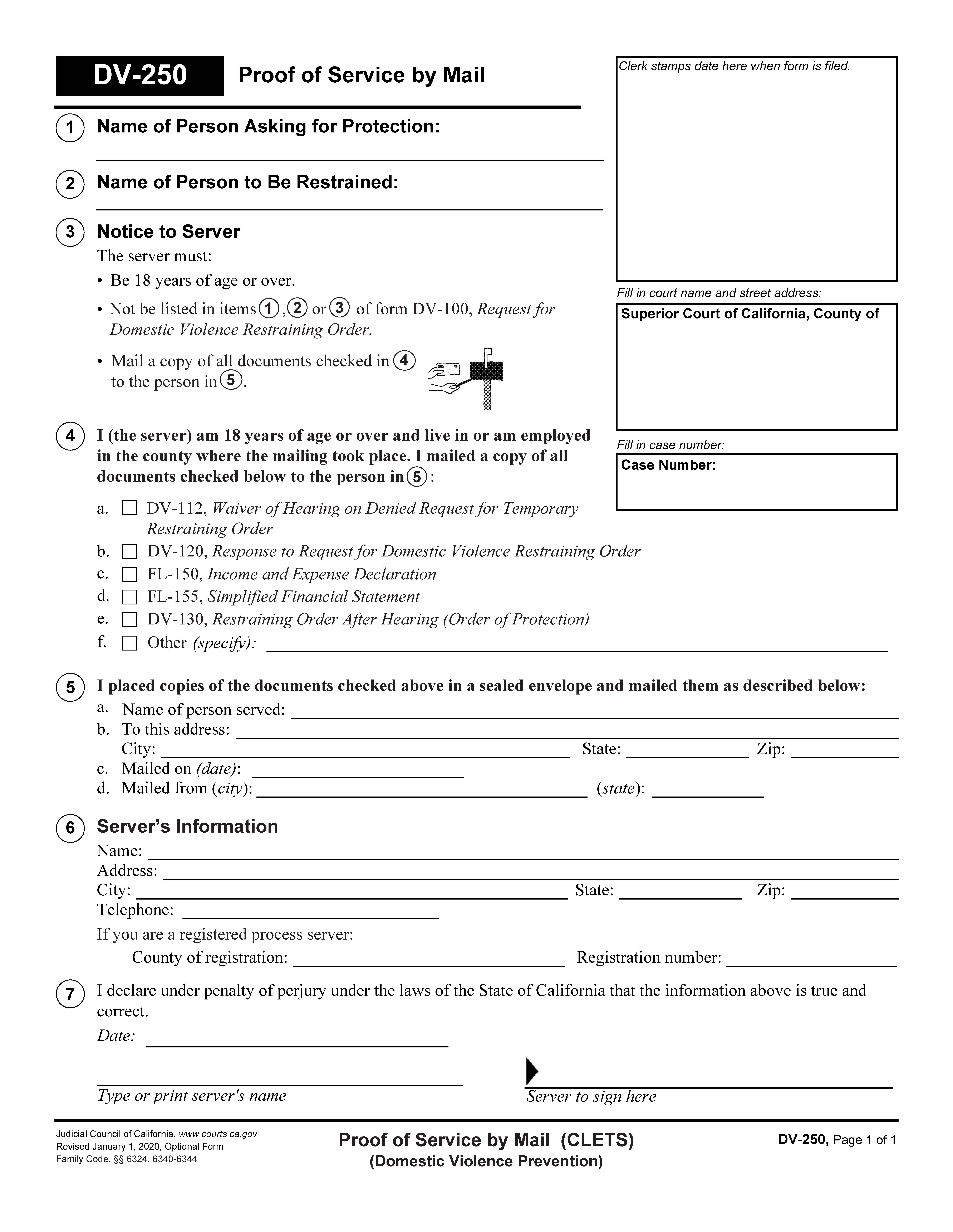 Proof Of Service By Mail (CLETS) (Domestic Violence Prevention) {DV-250} | Pdf Fpdf Doc Docx | California