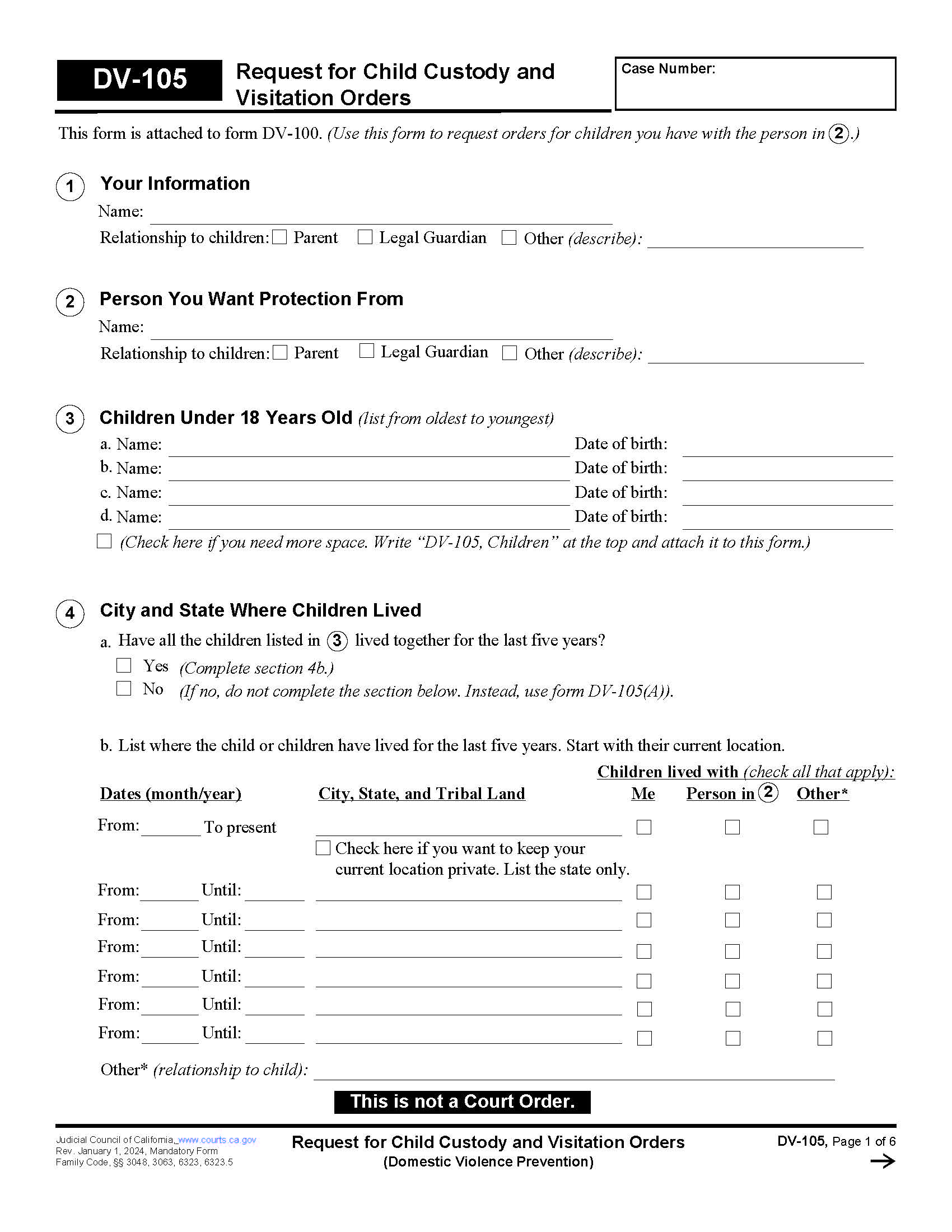 Request For Child Custody And Visitation Orders {DV-105} | Pdf Fpdf Doc Docx | California