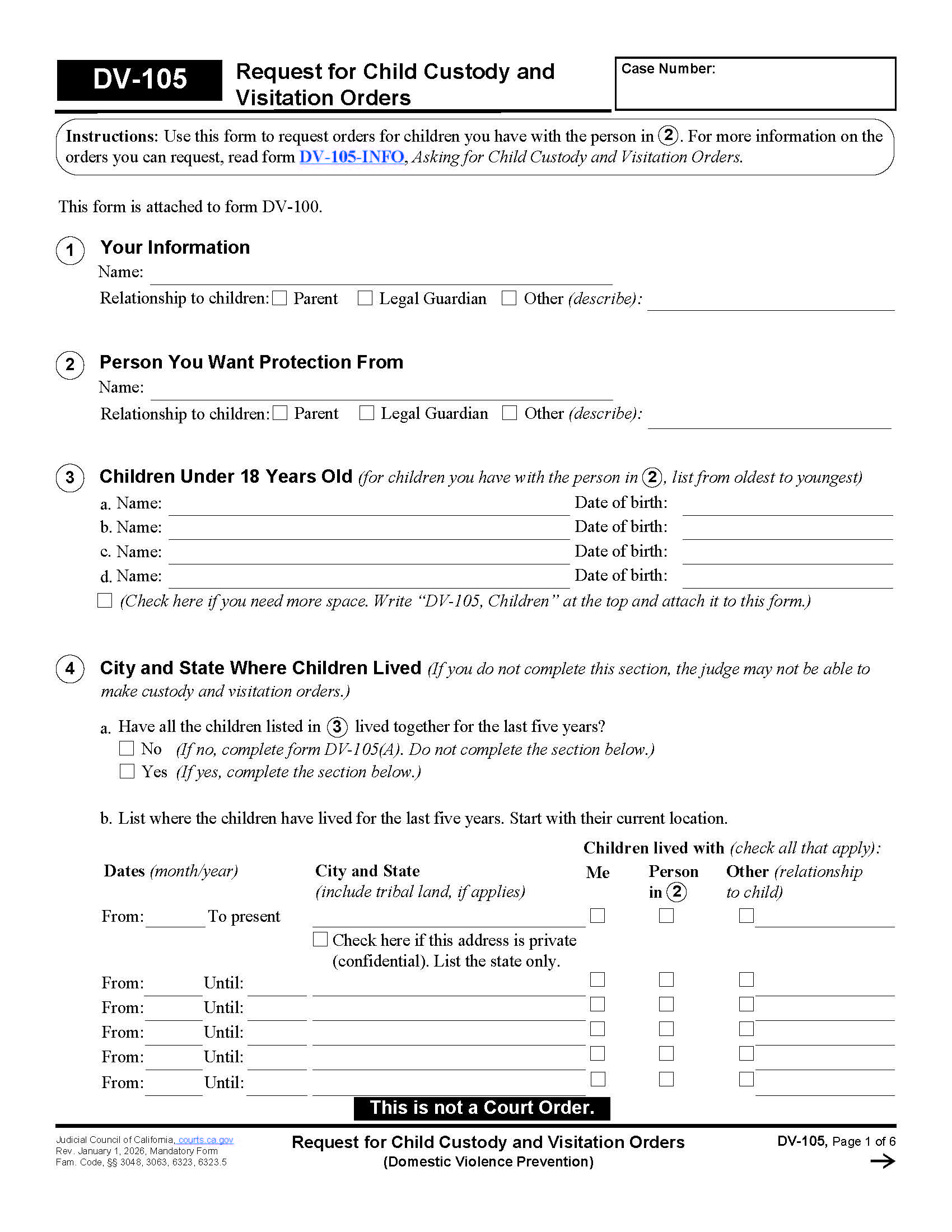 Request For Child Custody And Visitation Orders {DV-105} | Pdf Fpdf Doc Docx | California