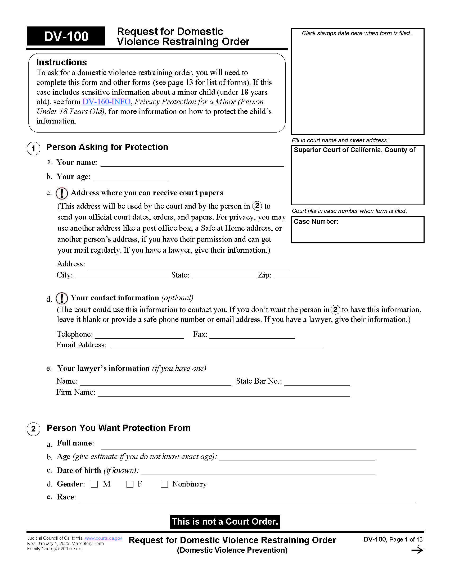 Request For Domestic Violence Restraining Order {DV-100} | Pdf Fpdf Doc Docx | California