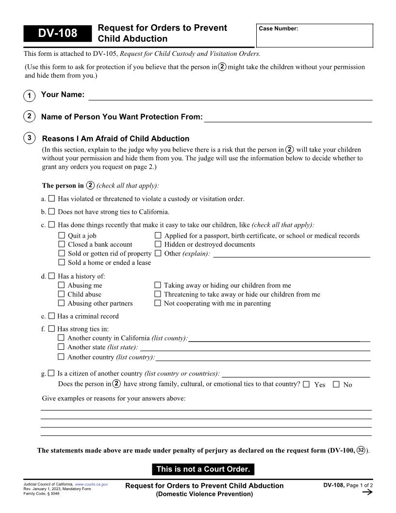 Request For Order No Travel With Children {DV-108} | Pdf Fpdf Doc Docx | California