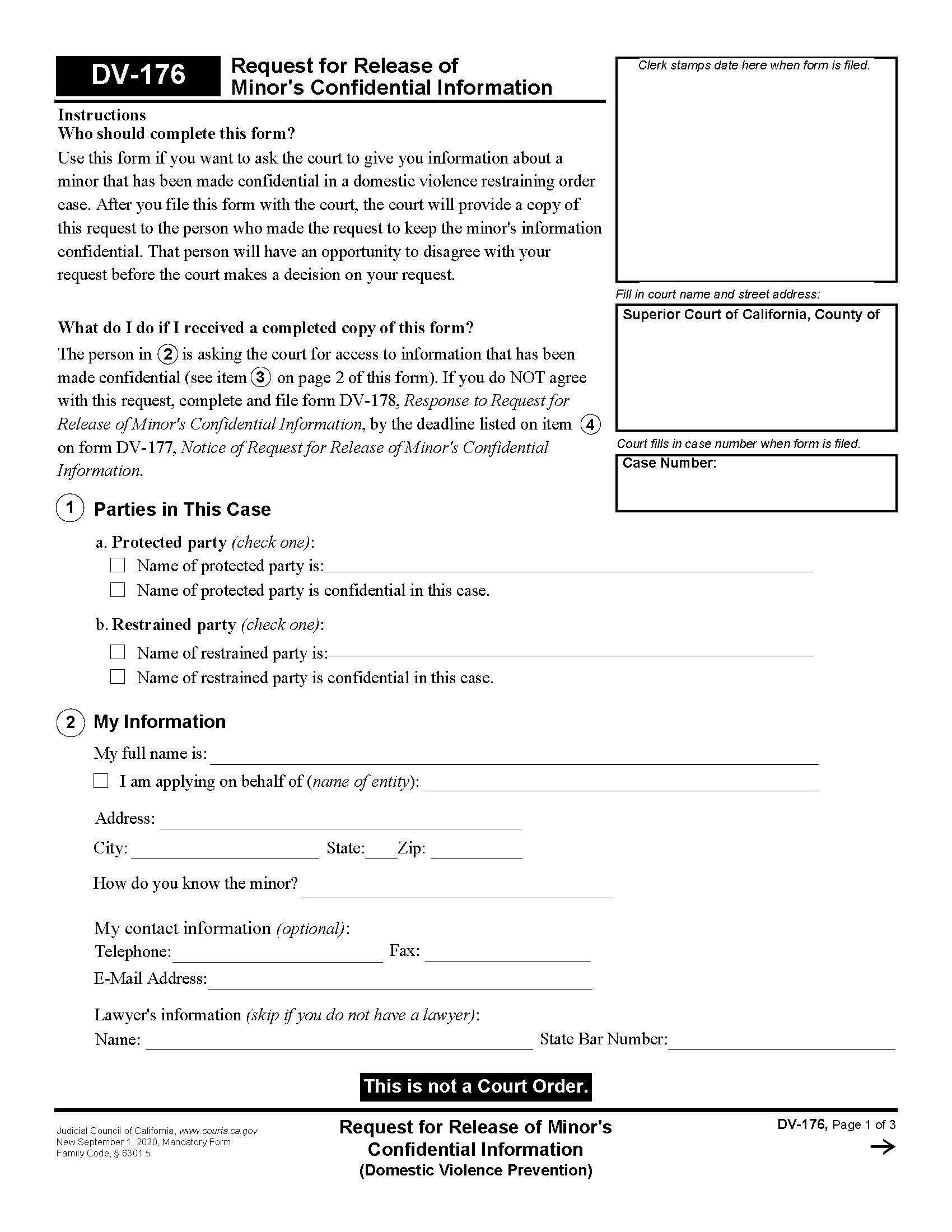 Request For Release Of Minors Confidential Information {DV-176} | Pdf Fpdf Docx | California